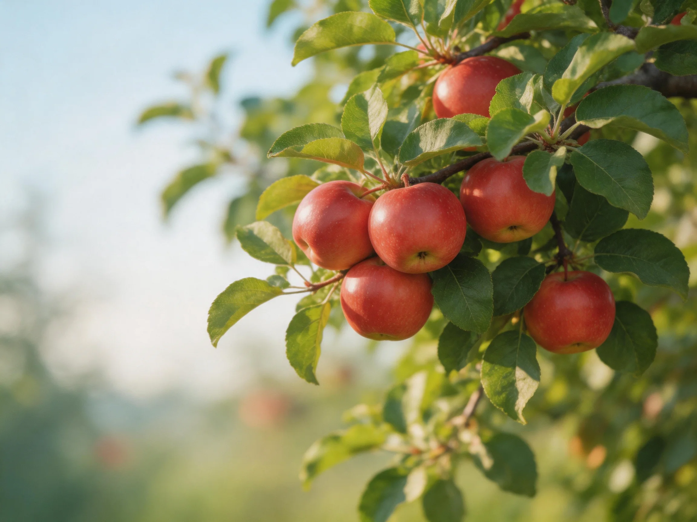 Six ripe red apples hang from a leafy apple tree branch