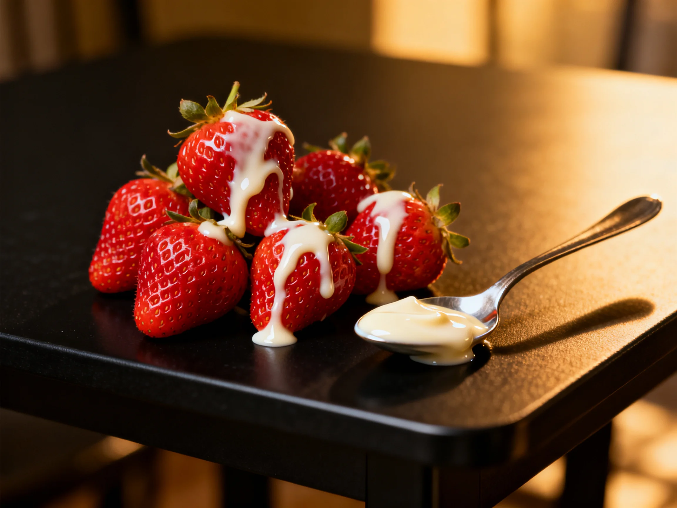 Six ripe strawberries drizzled with white sauce on a black table