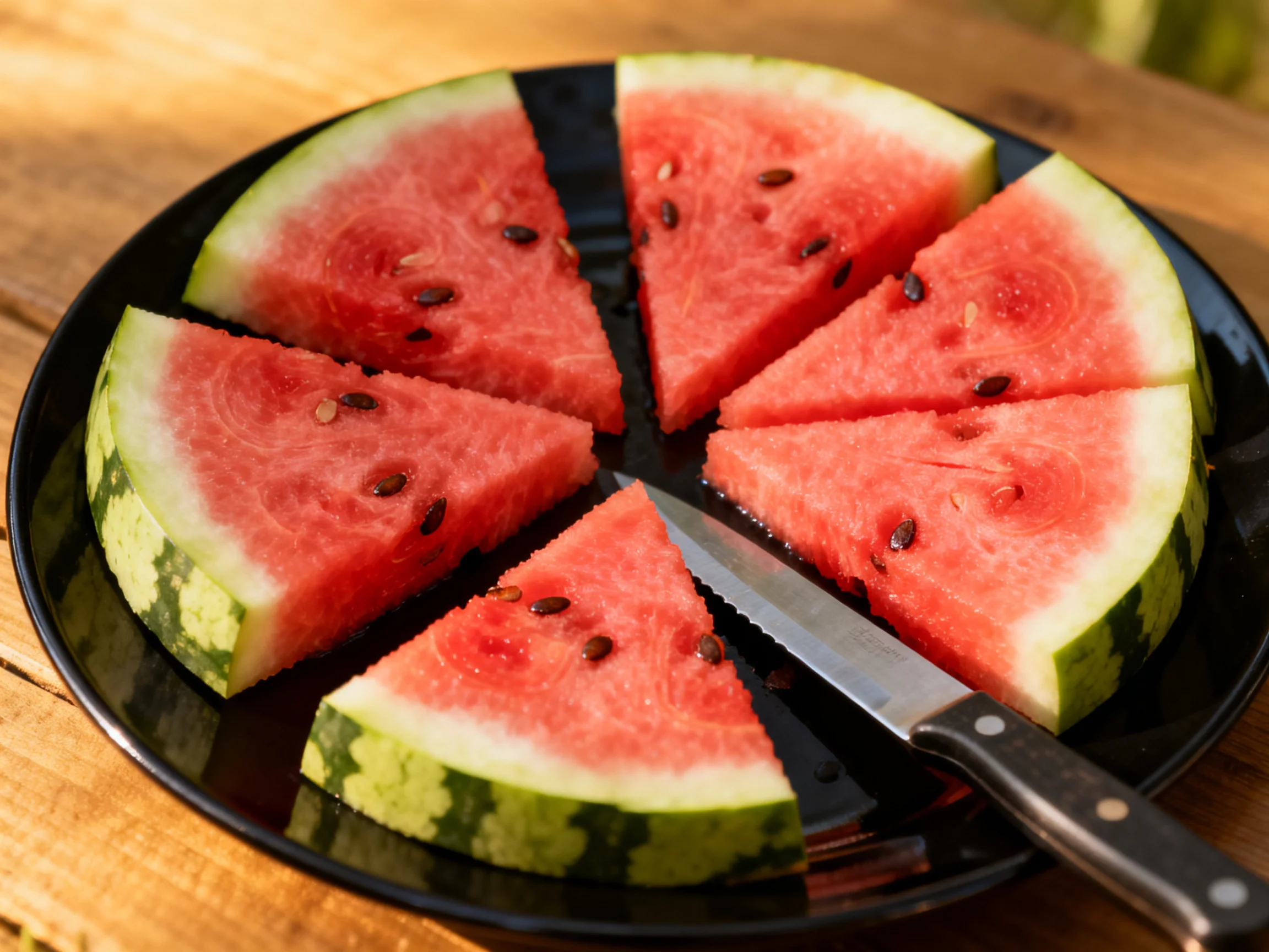 Six slices of ripe watermelon served on a sleek black plate