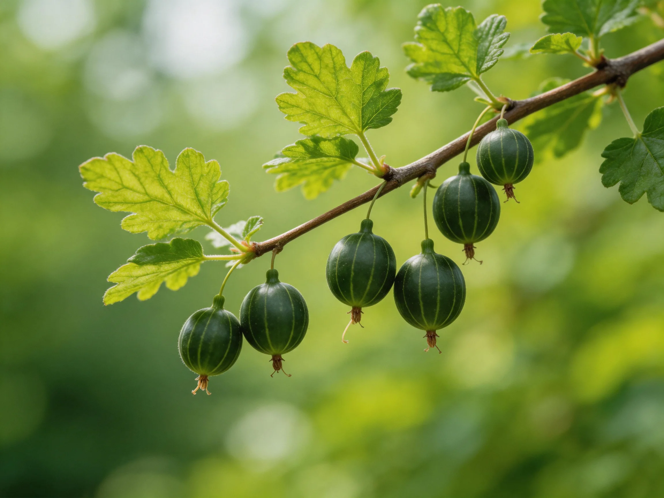 Six small dark green berries hang from a brown branch with bright green leaves
