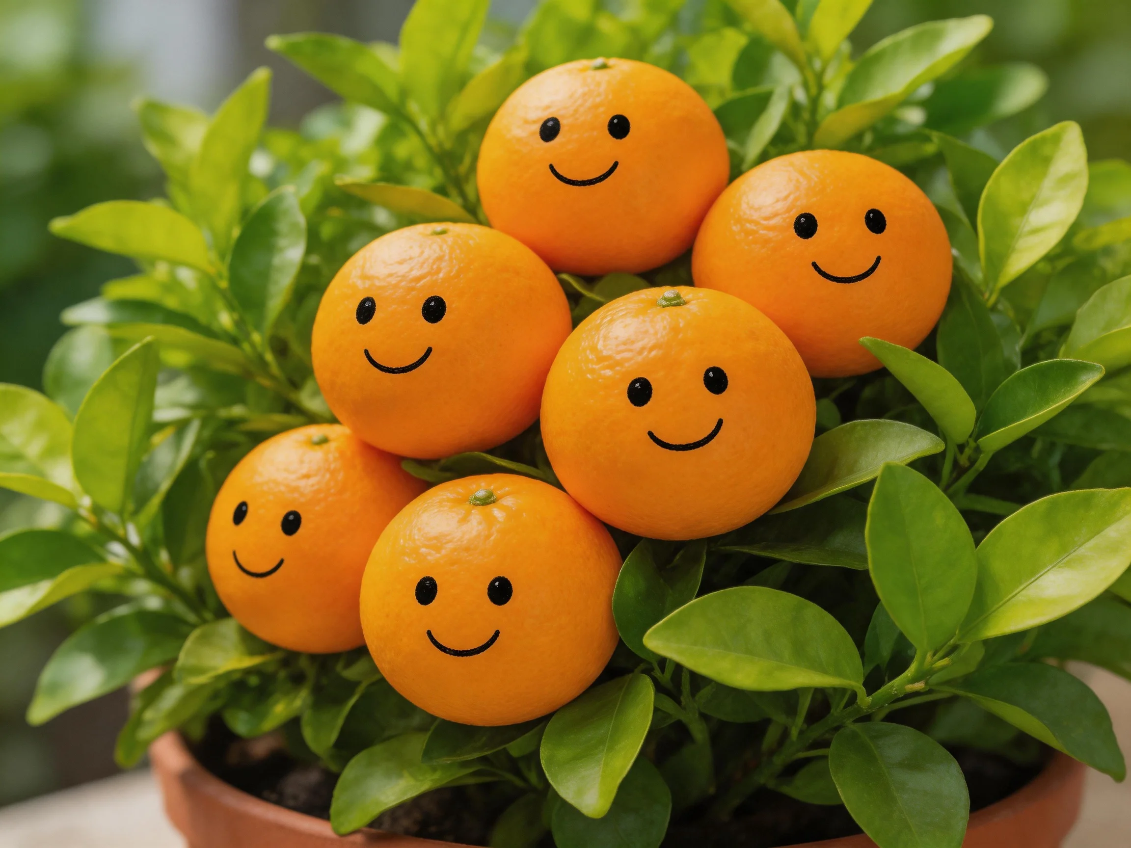Six smiling orange fruits arranged among lush green foliage in a terracotta pot