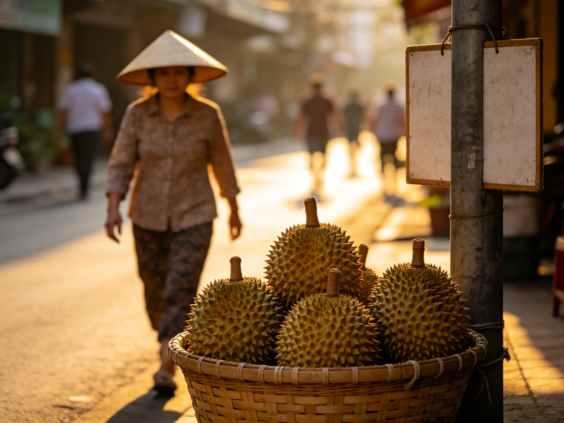 Six spiky durians sit in a bamboo basket near a woman in a conical hat