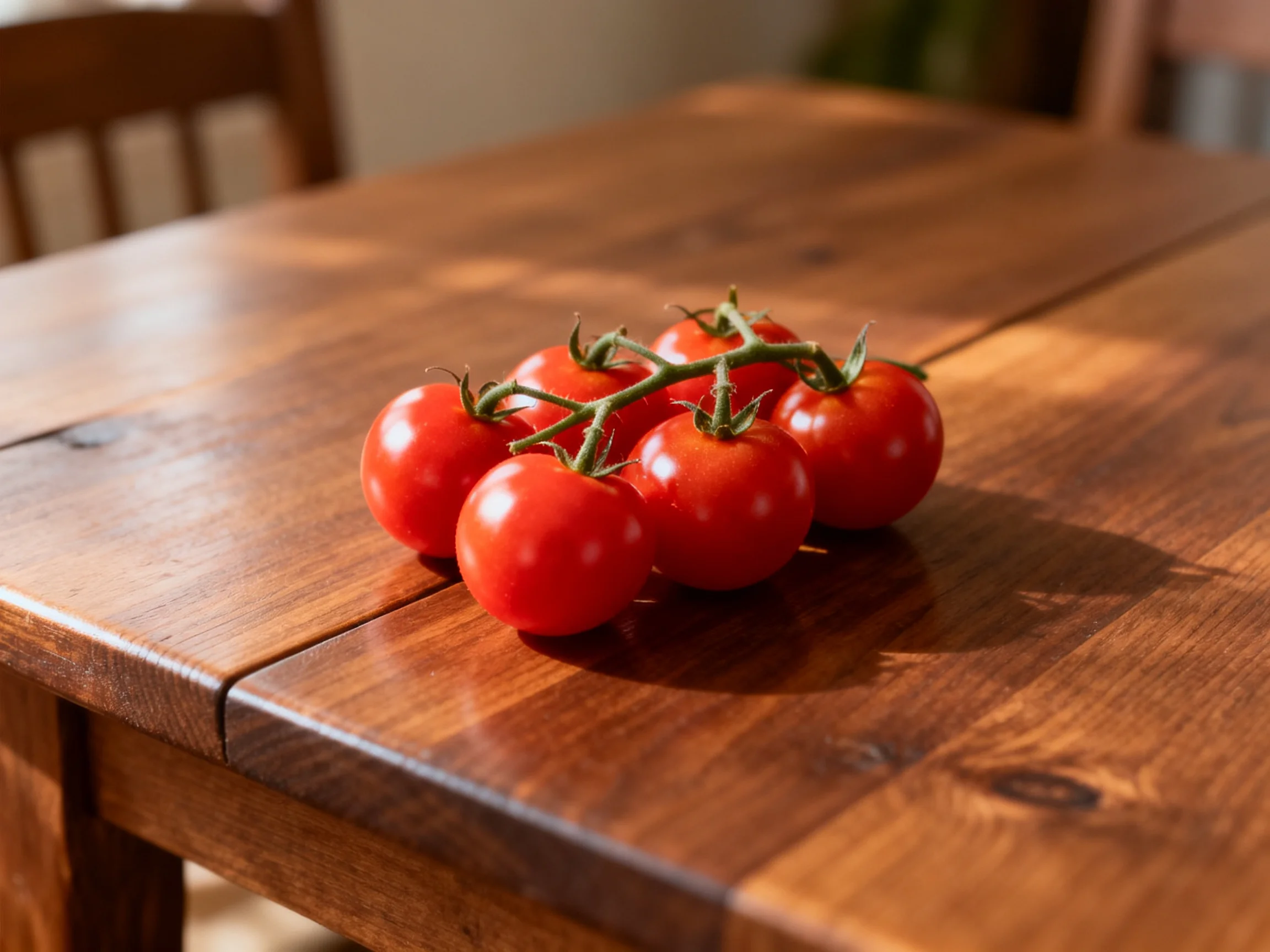 Six vibrant cherry tomatoes on a polished wooden table