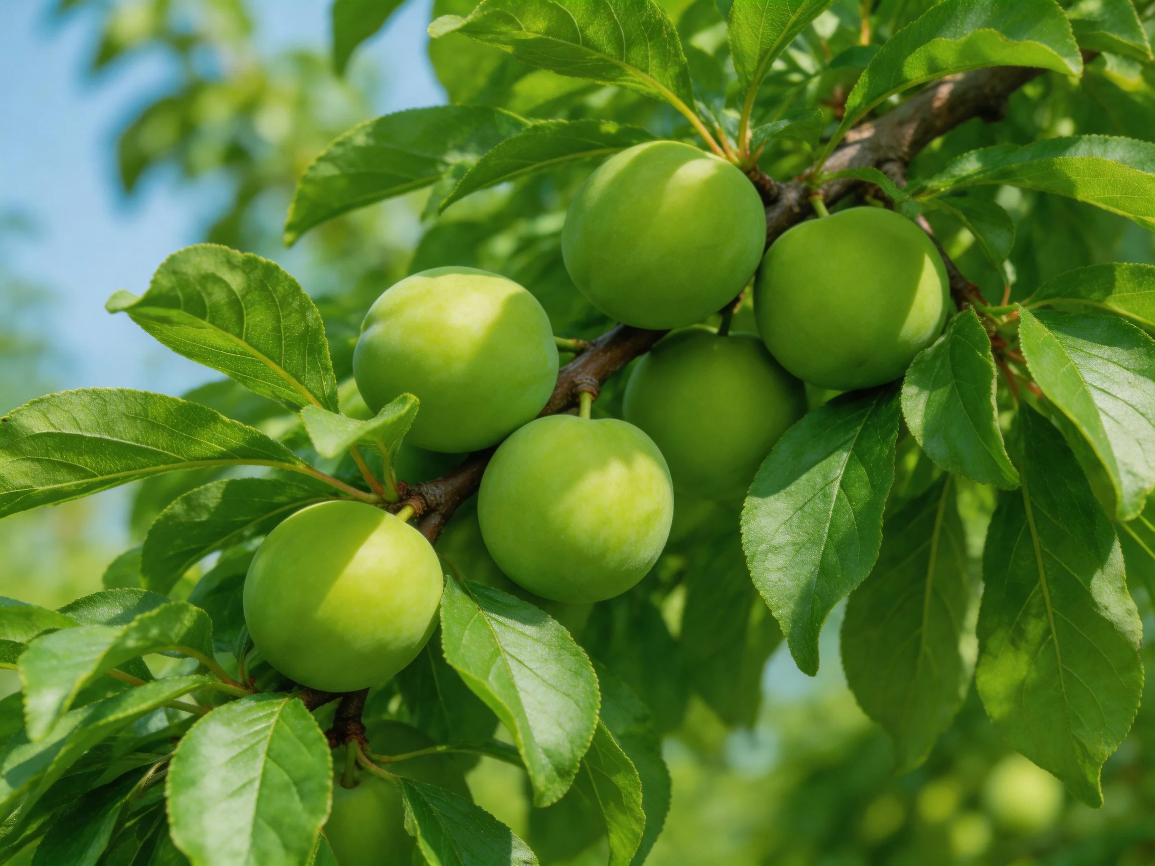 Six vibrant green plums hang from a leafy tree branch