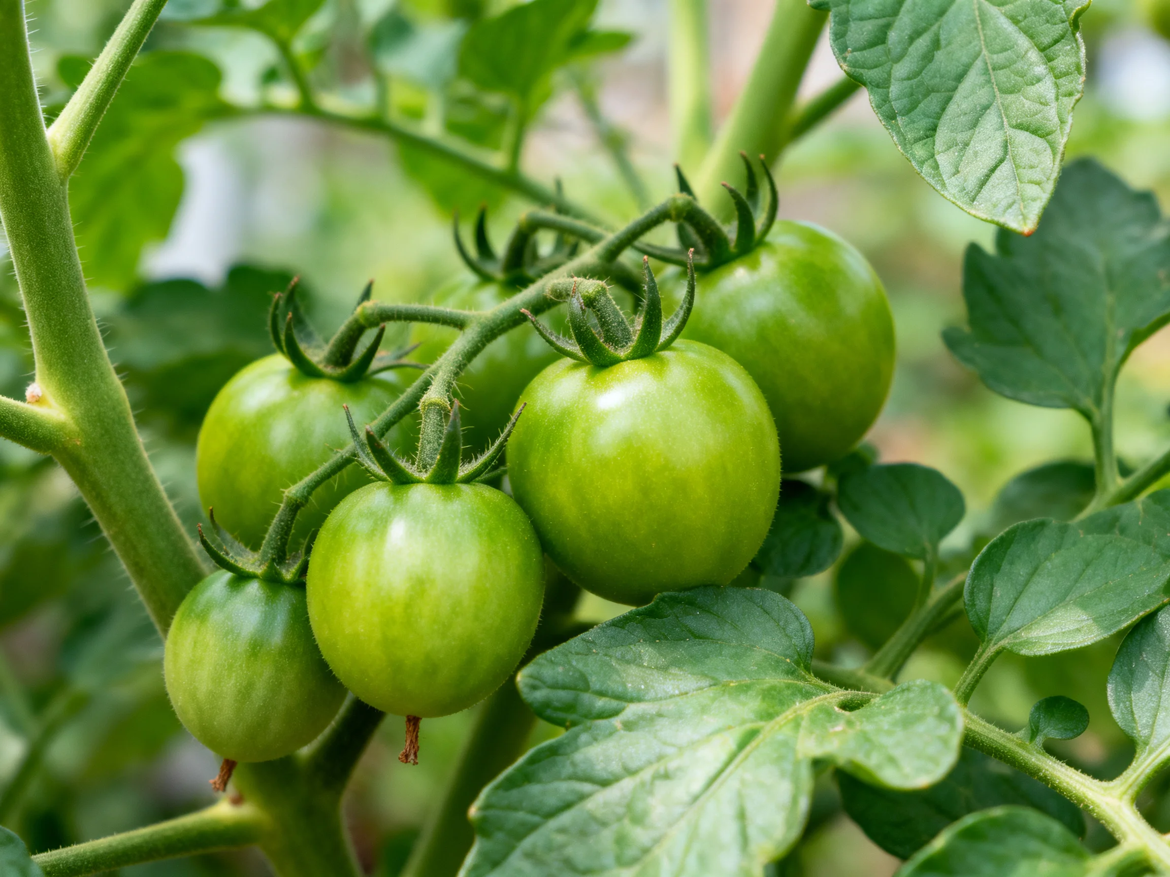 Six vibrant green tomatoes cluster on a lush tomato plant