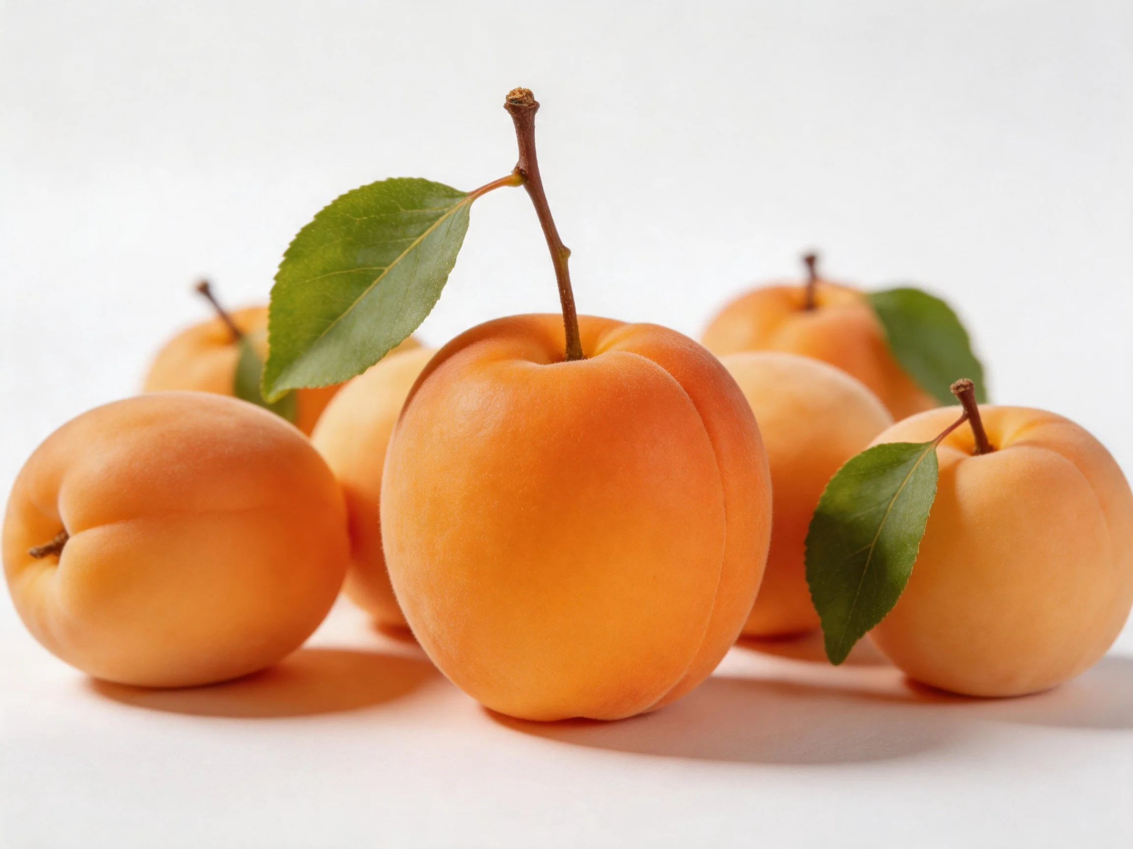 Six vibrant orange apricots with green leaves on a white surface
