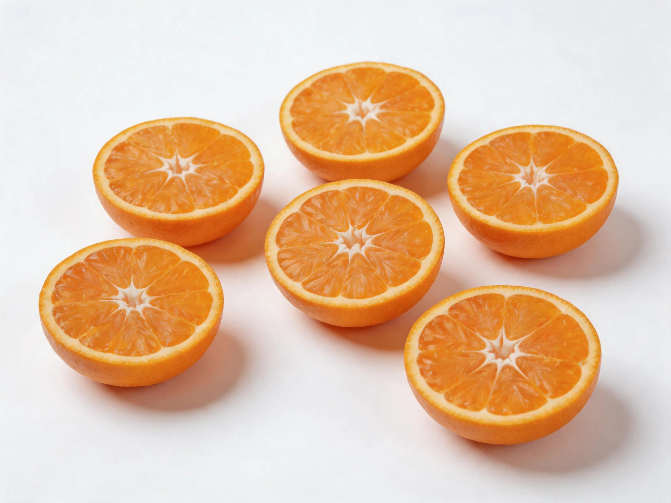 Six vibrant orange citrus fruit halves arranged on a white surface