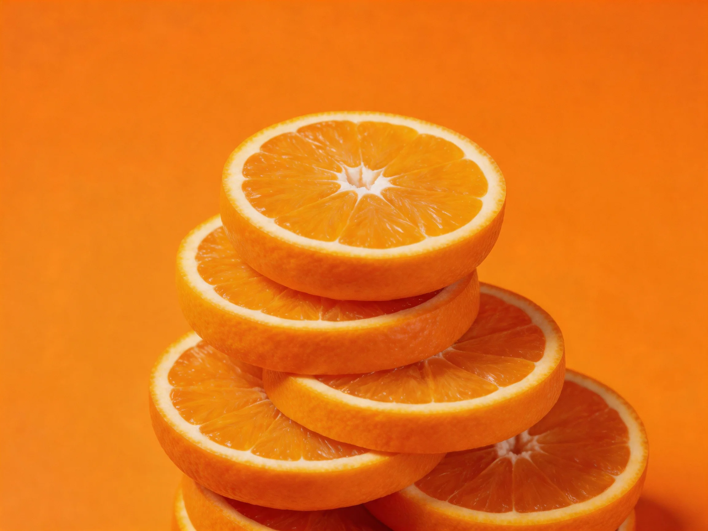 Six vibrant orange citrus slices stacked against an orange backdrop
