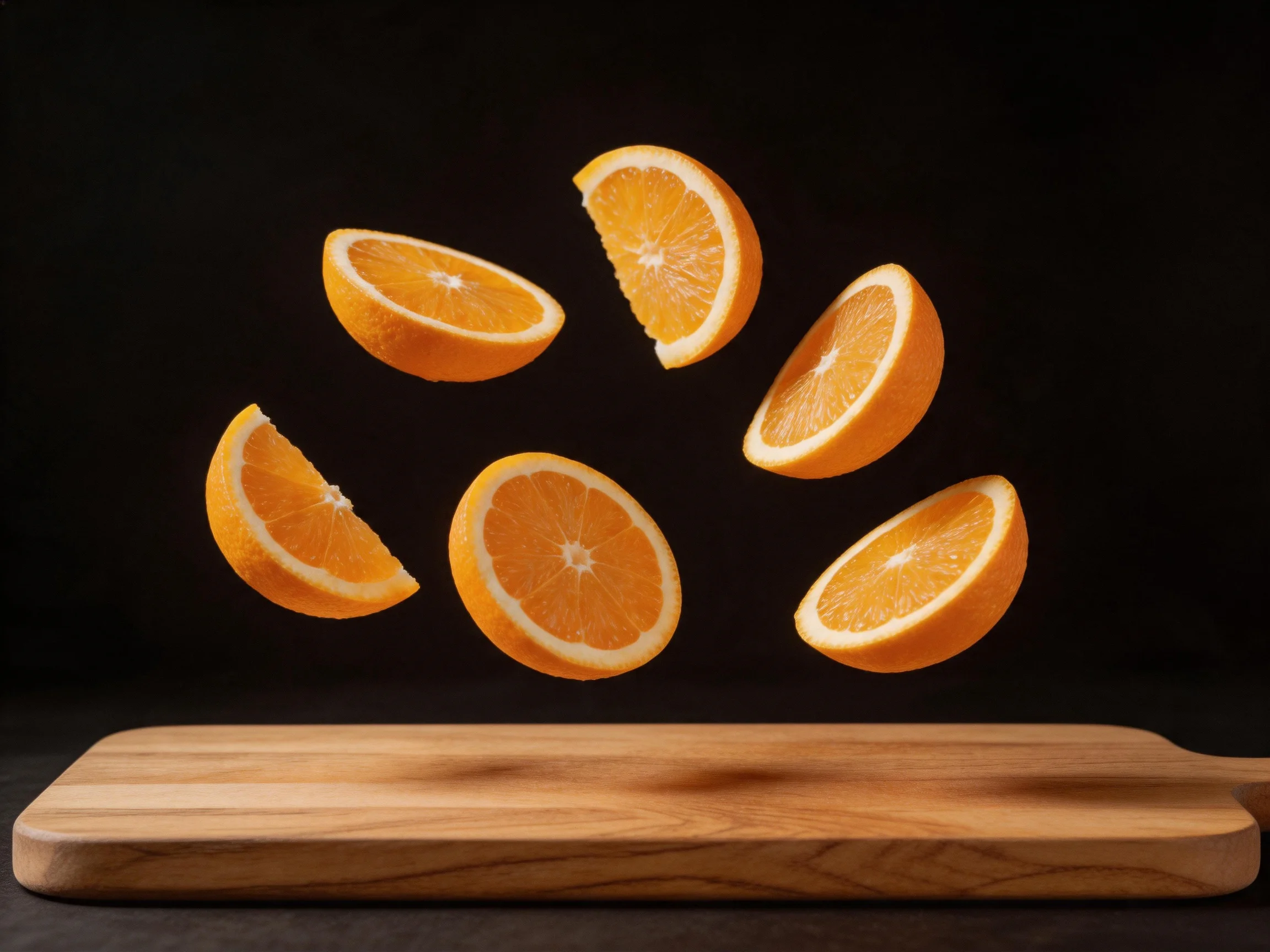 Six vibrant orange citrus slices suspended near a wooden cutting board