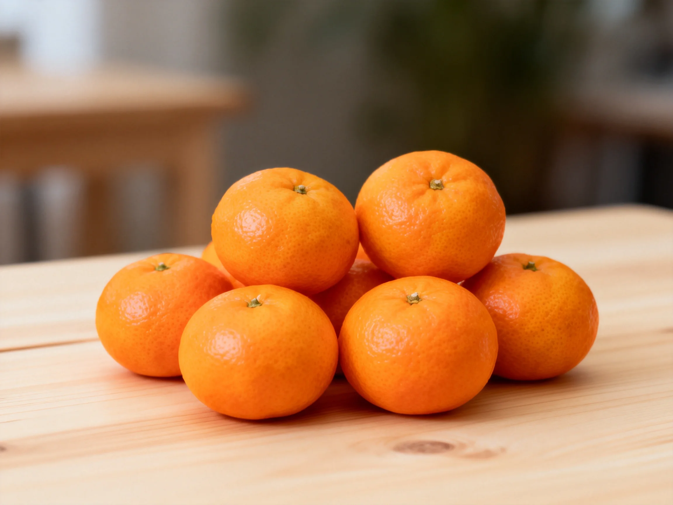 Six vibrant orange mandarins stacked on a light wood table