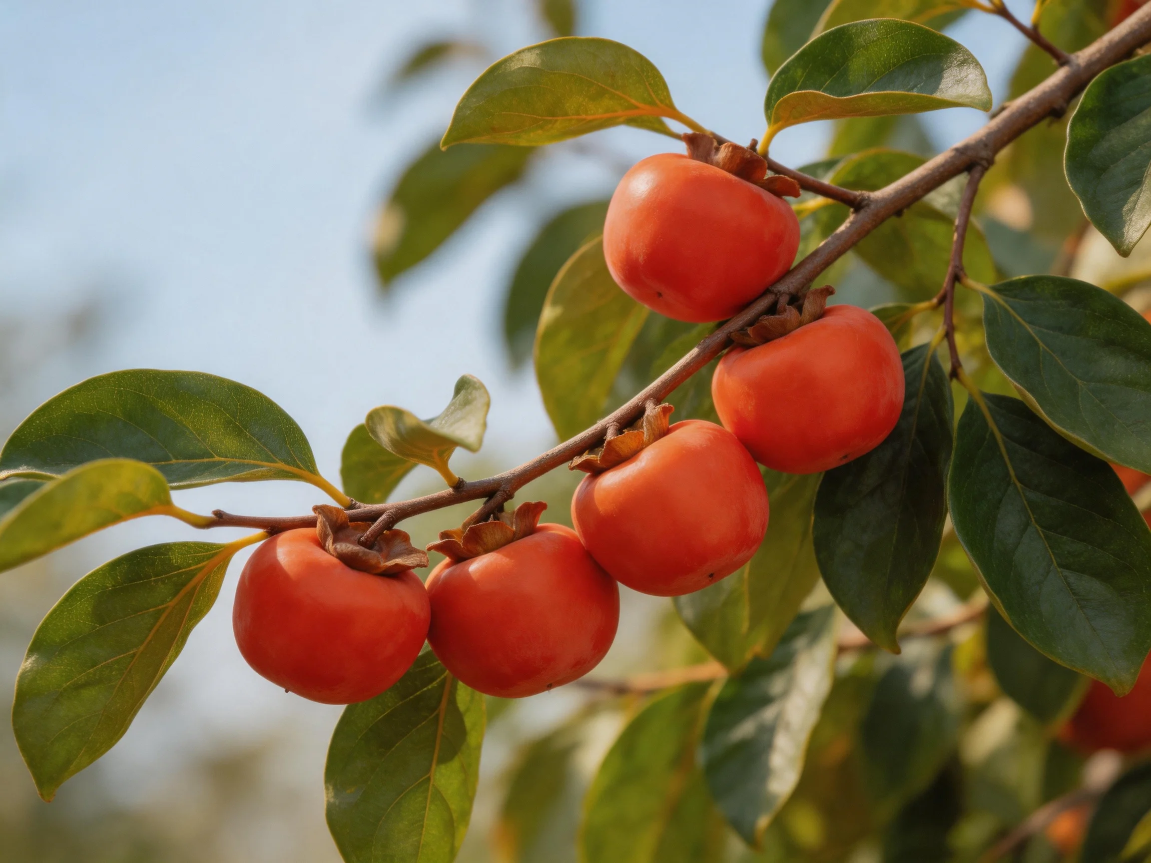 Six vibrant orange persimmons cluster along a brown tree branch with green leaves