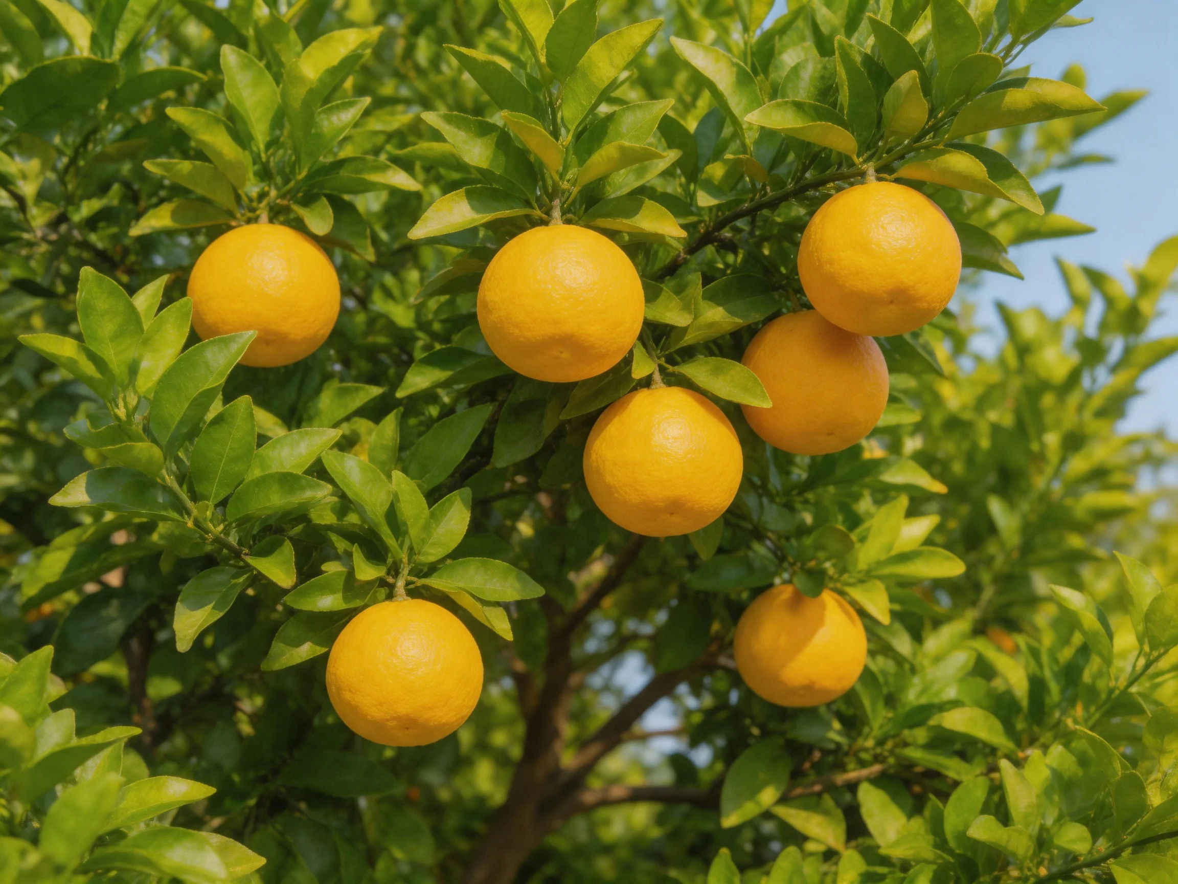 Six vibrant oranges grow among lush green citrus foliage