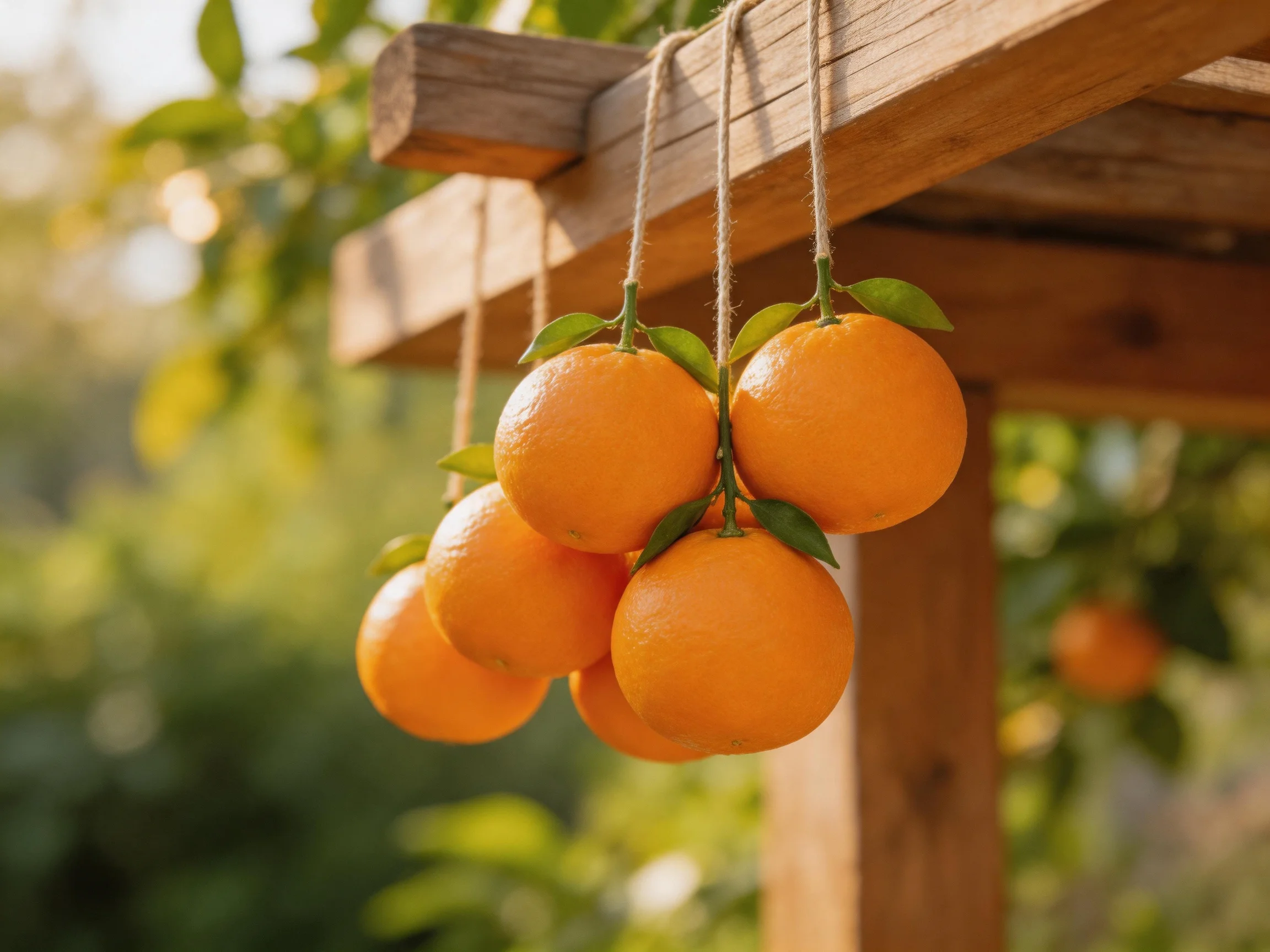 Six vibrant oranges hang from a wooden structure with green leaves