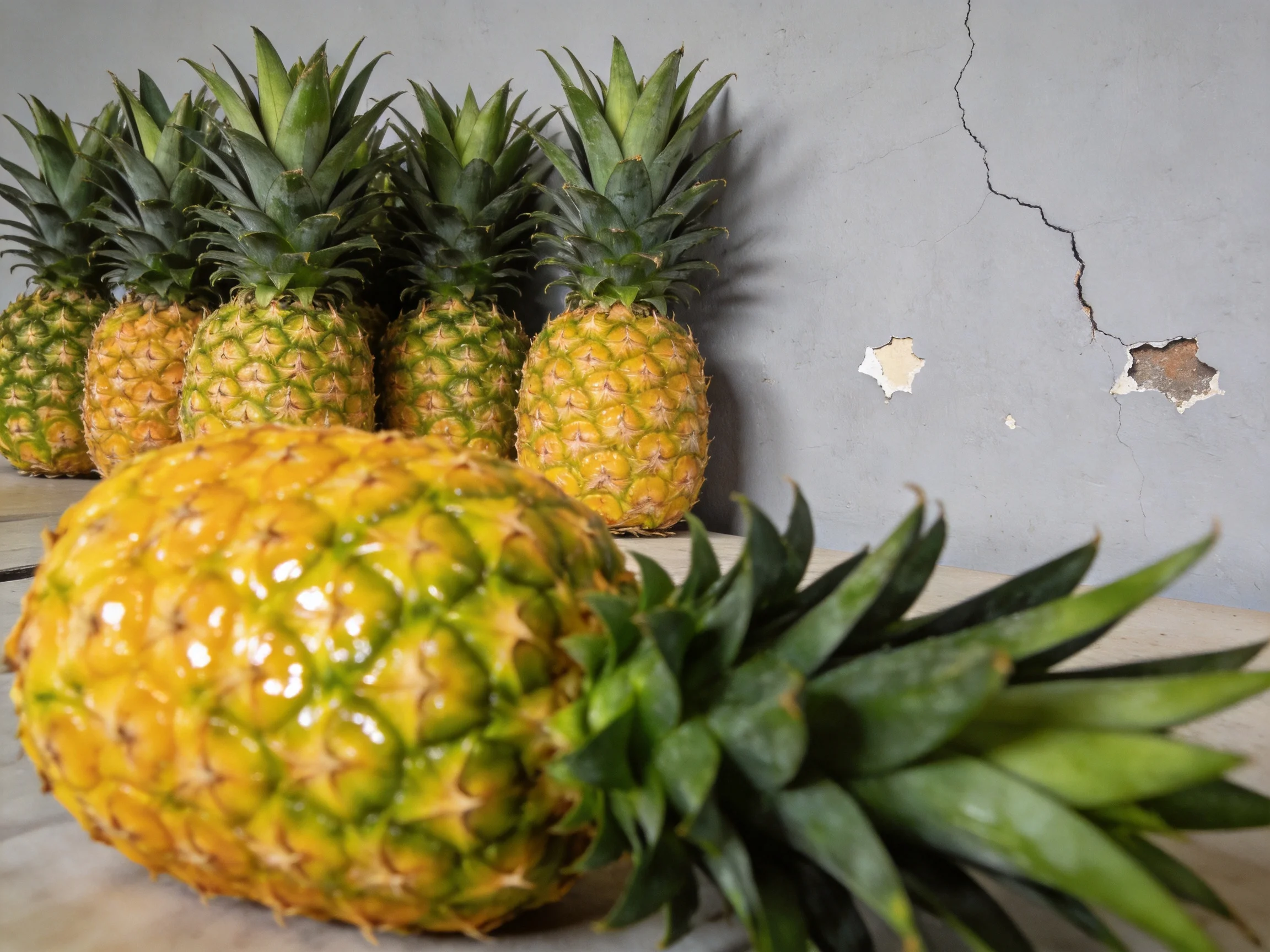 Six vibrant pineapples arranged near a cracked gray wall