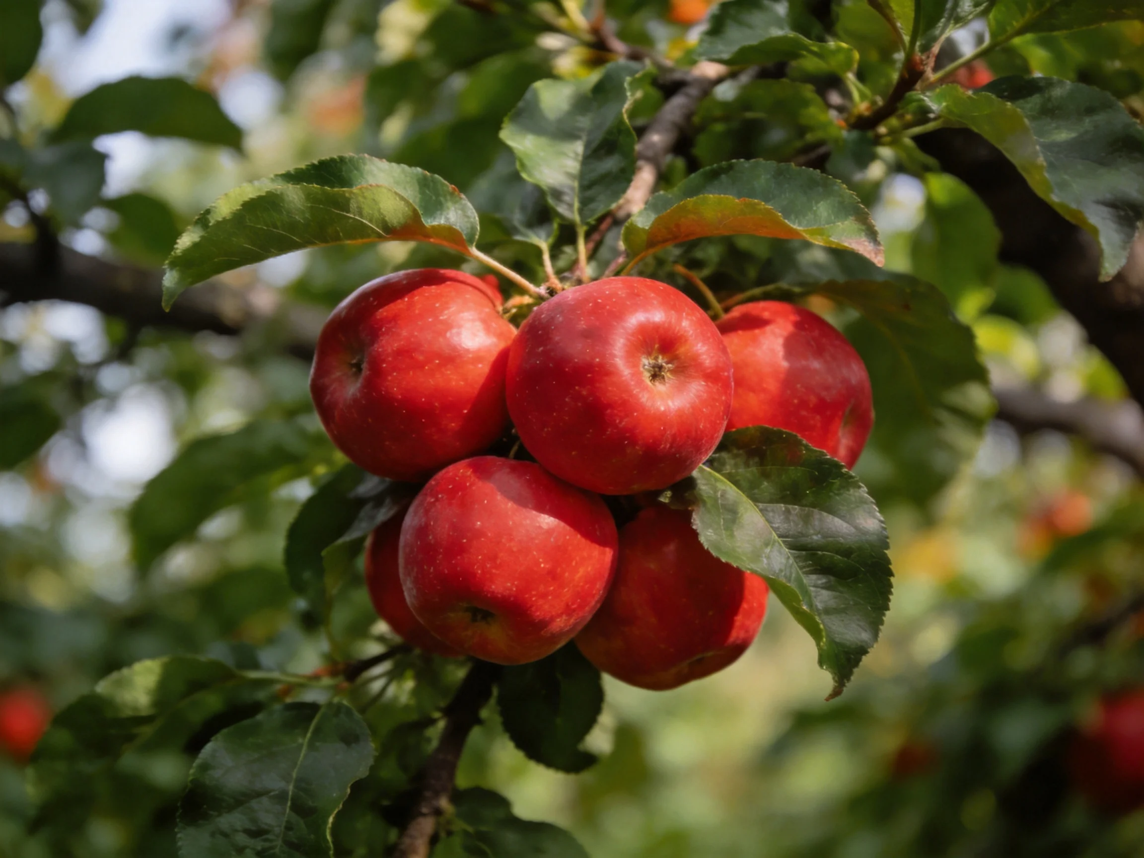 Six vibrant red apples cluster on a leafy apple tree branch