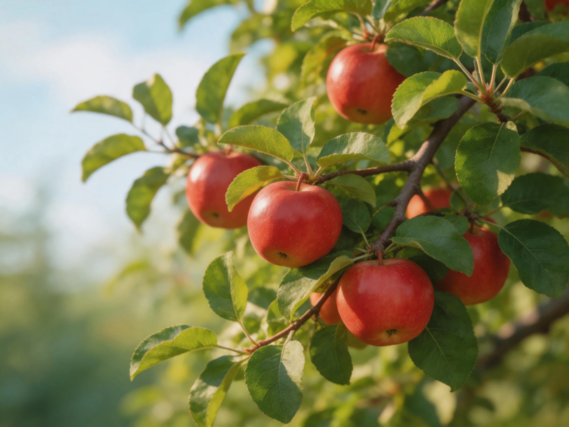 Six vibrant red apples cluster on a leafy apple tree branch