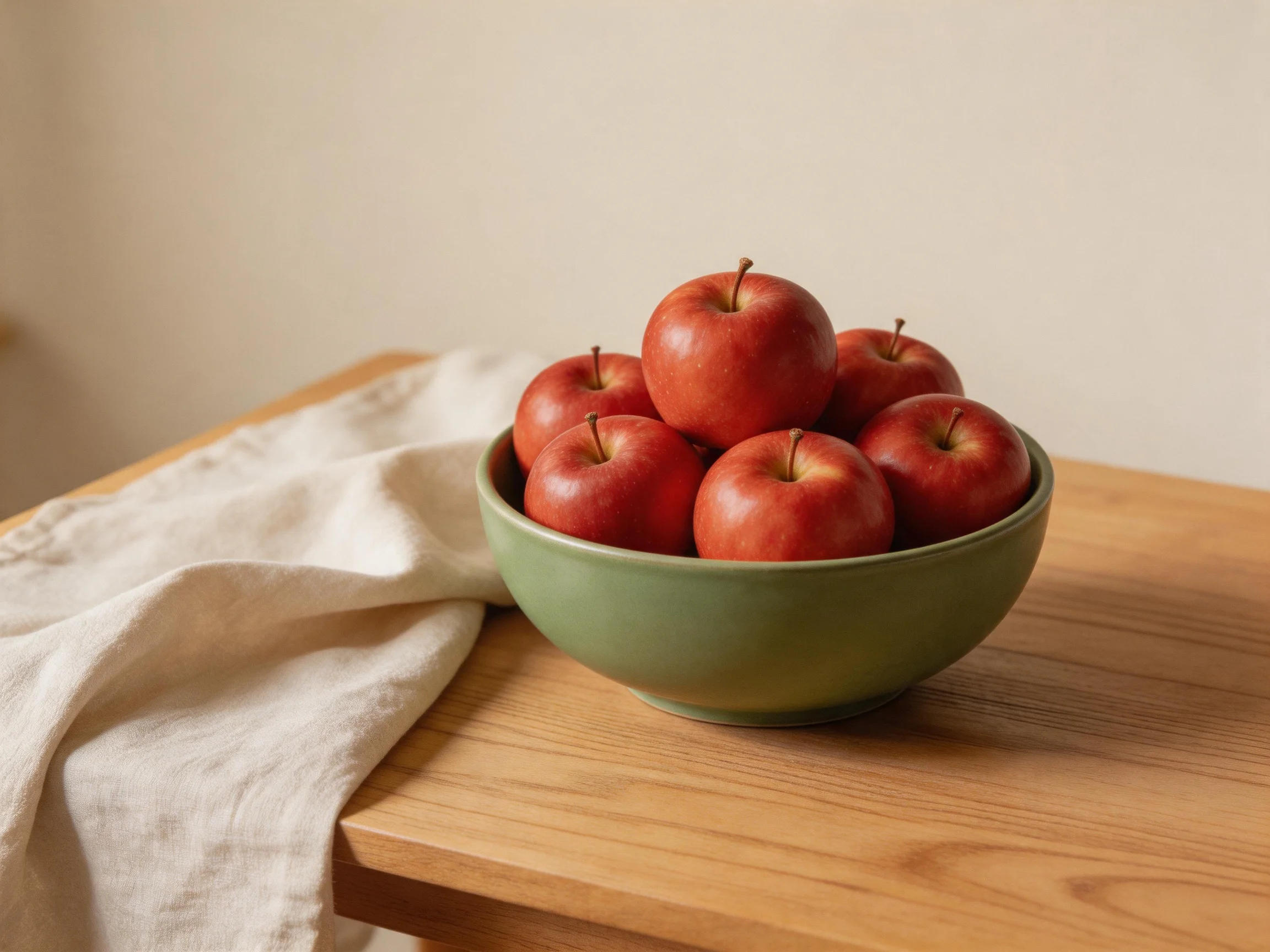 Six vibrant red apples fill a sage-green bowl on a wooden surface