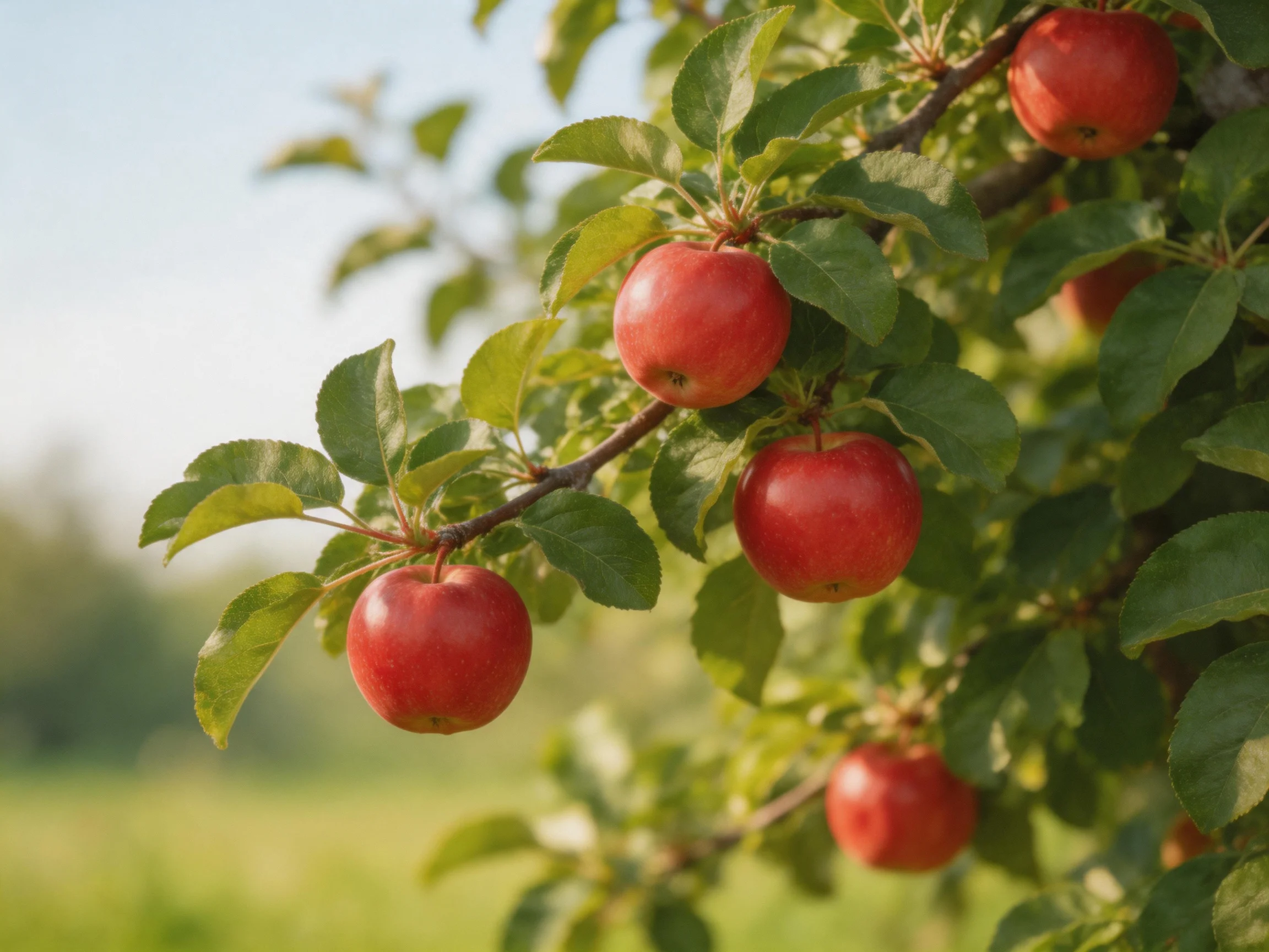 Six vibrant red apples grow on a leafy apple tree branch