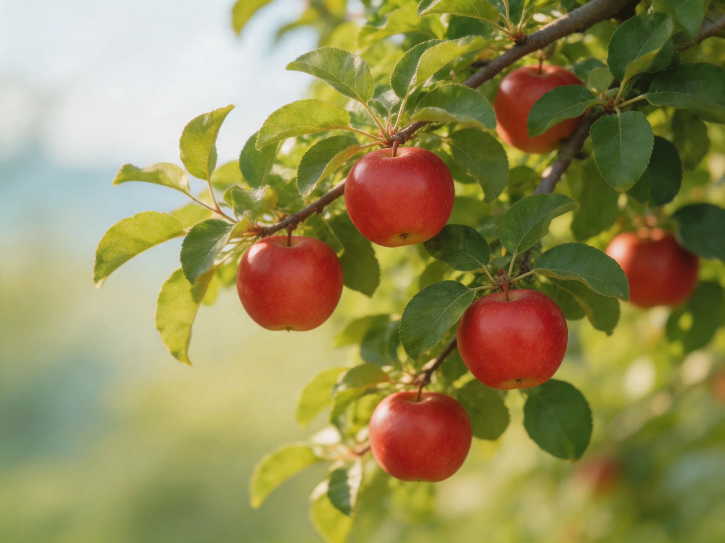 Six vibrant red apples on a leafy apple tree branch