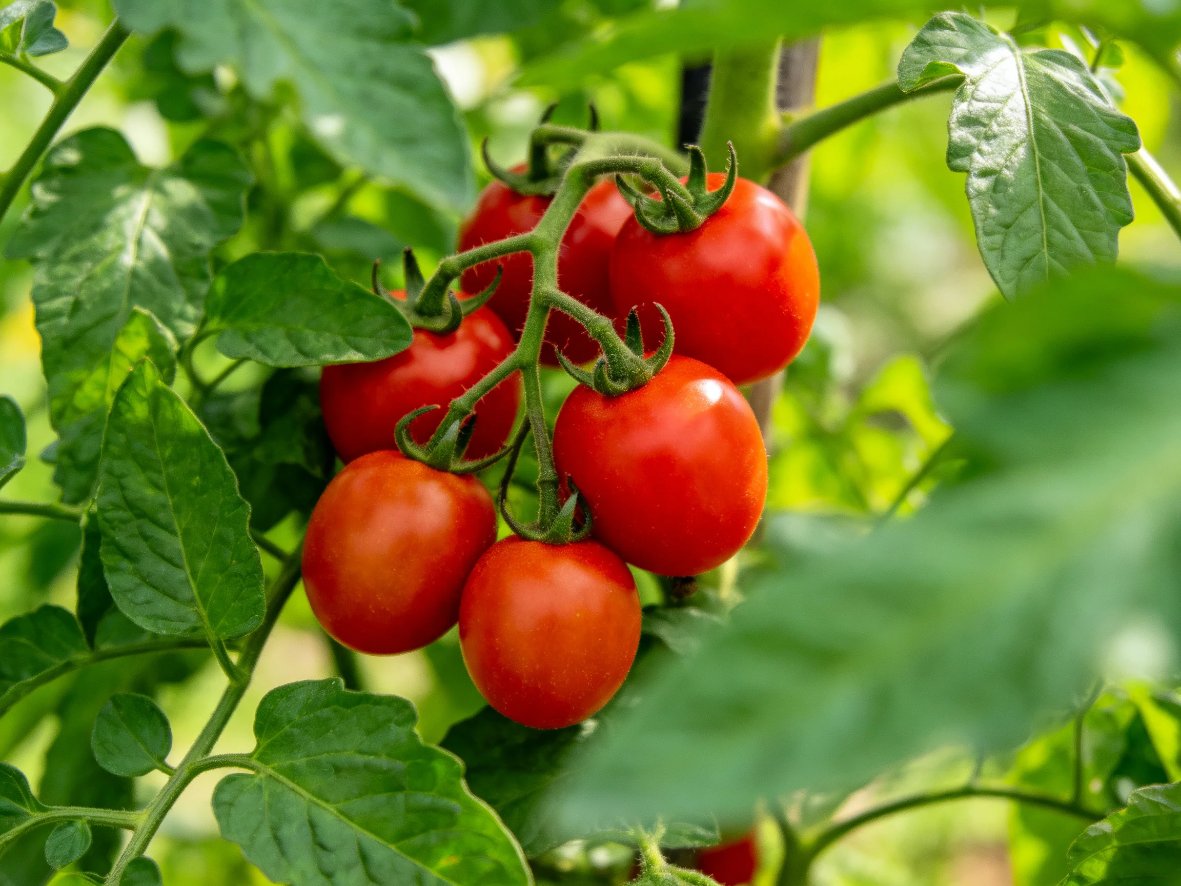 Six vibrant red cherry tomatoes clustered among lush green foliage