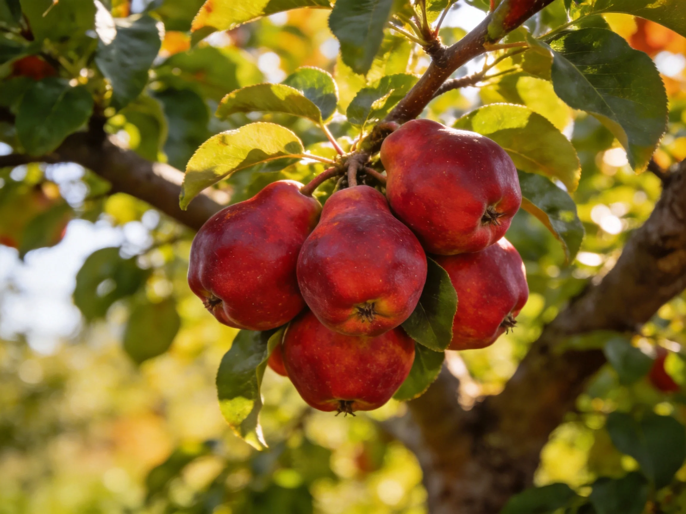Six vibrant red fruits clustered on a tree branch with green foliage