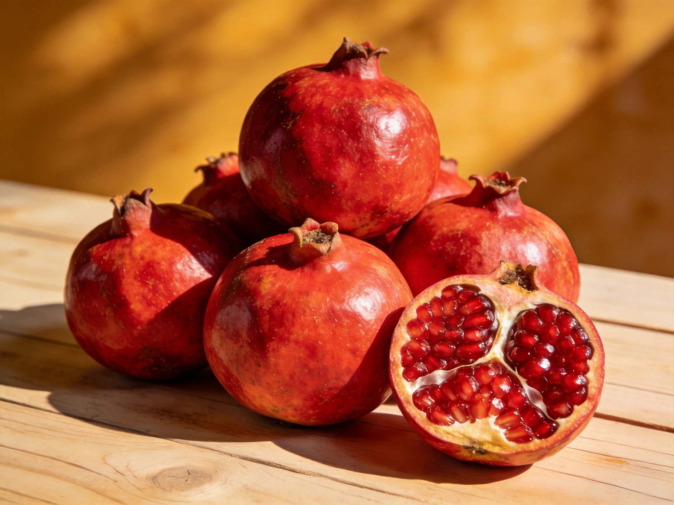 Six vibrant red pomegranates arranged on a wooden surface, one halved