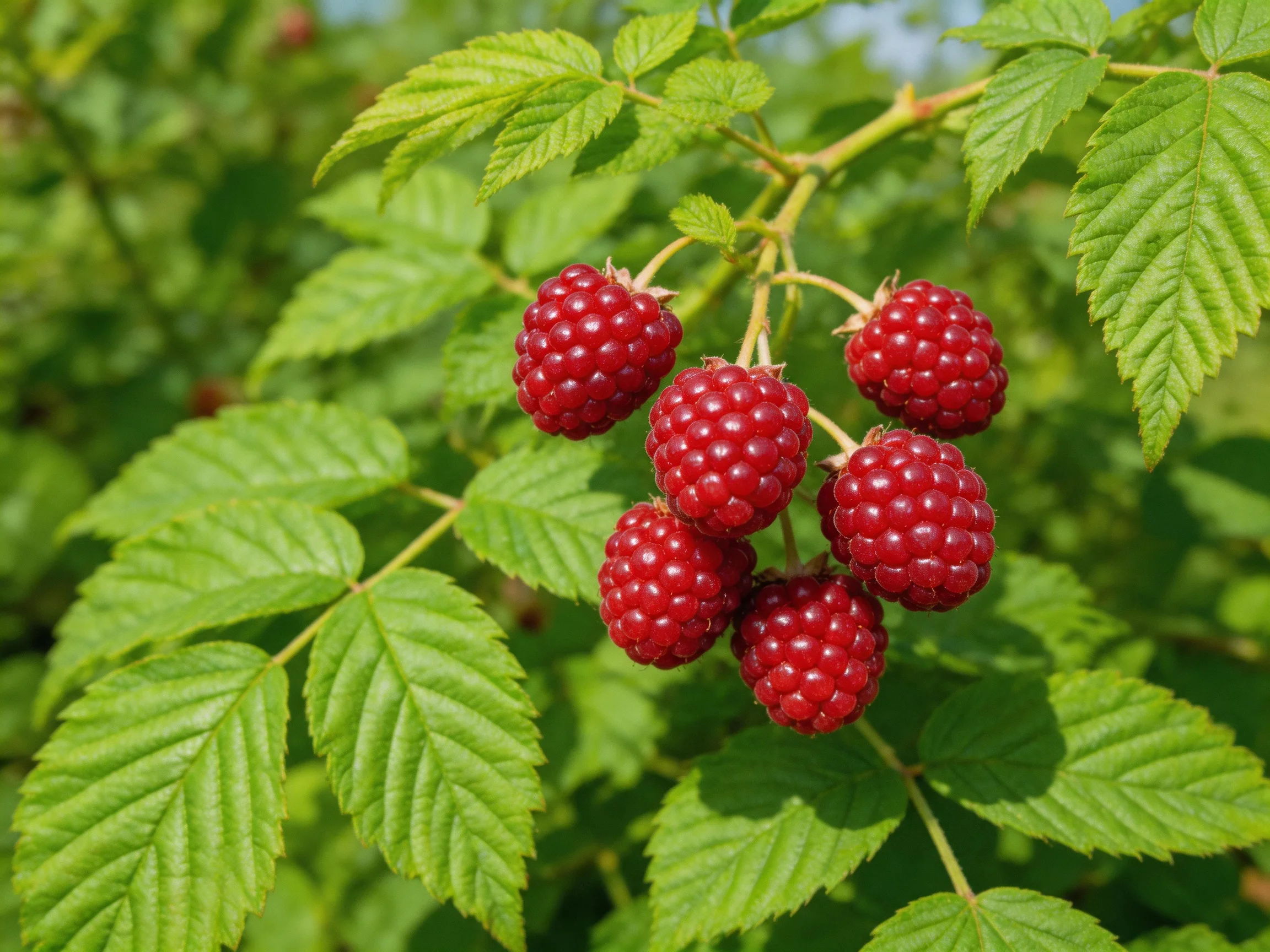 Six vibrant red raspberries clustered among lush green foliage