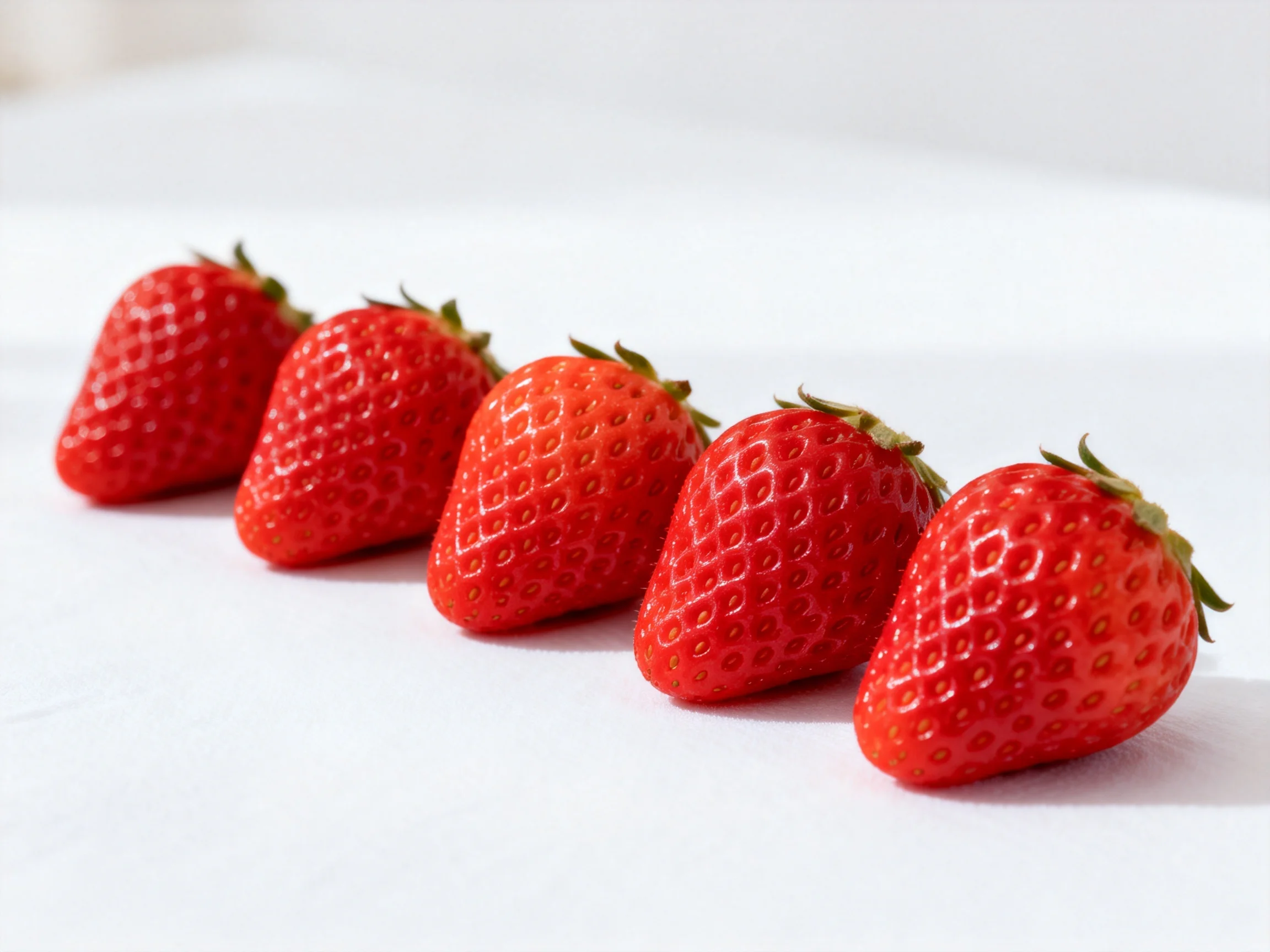 Six vibrant red strawberries aligned in a row on a white background