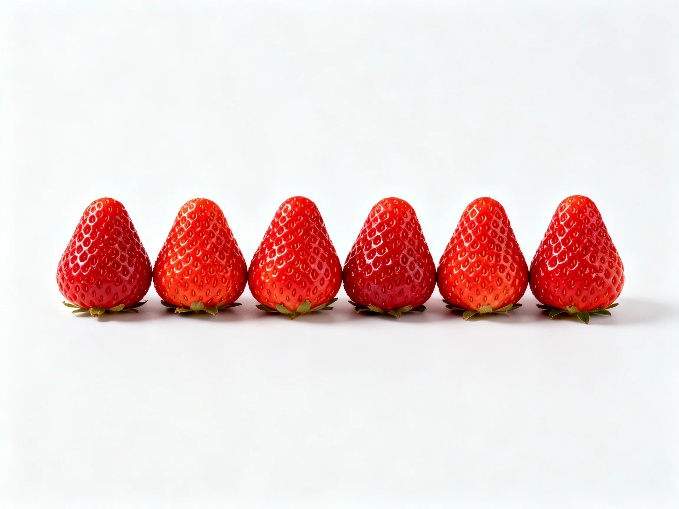 Six vibrant red strawberries are neatly lined up on a plain white surface
