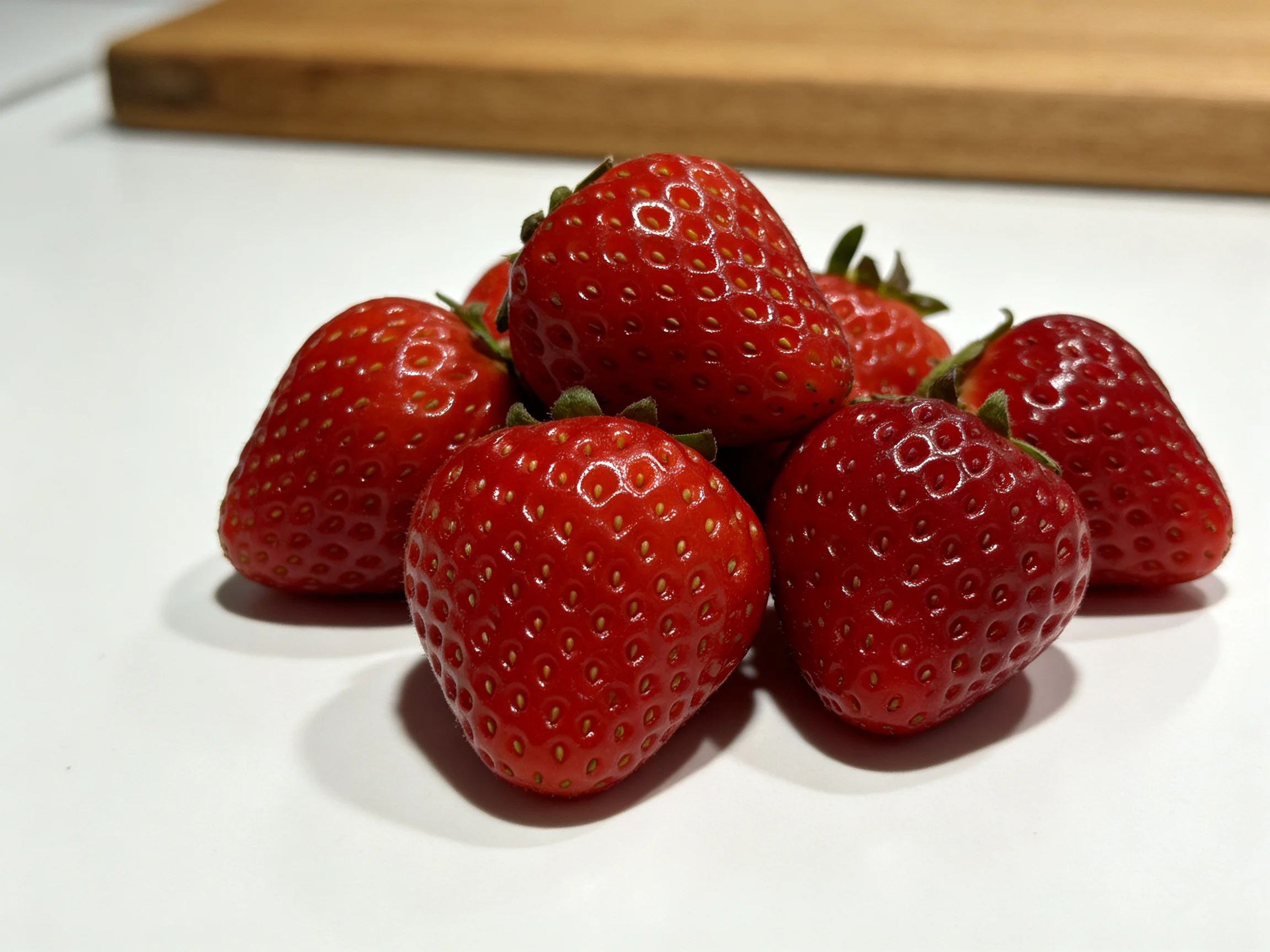 Six vibrant red strawberries clustered on a white surface near a wooden cutting board