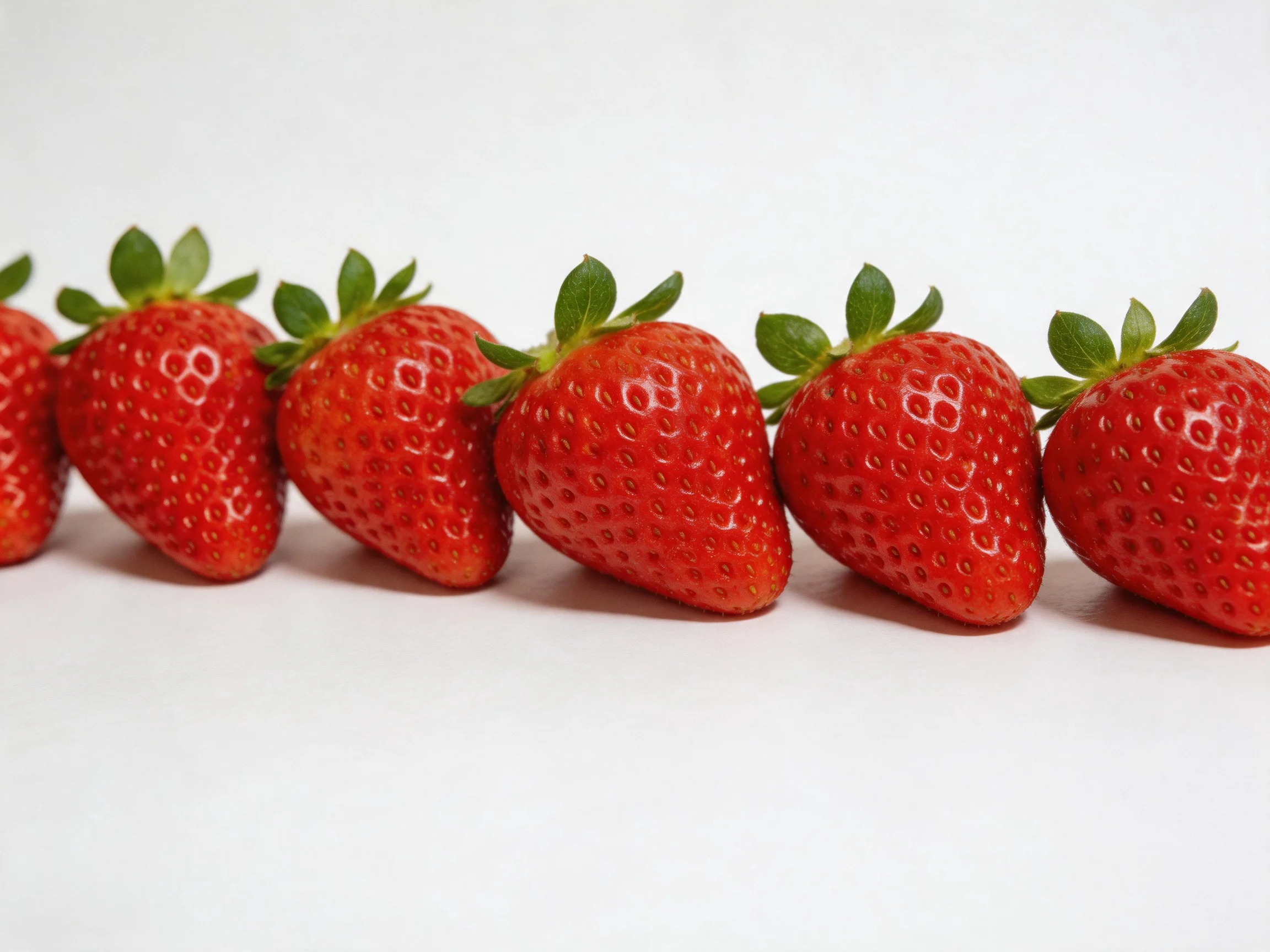Six vibrant red strawberries lined up on a white surface