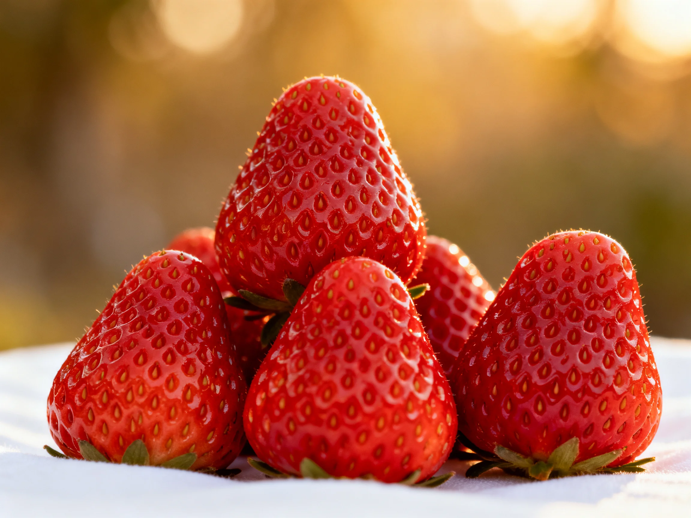 Six vibrant red strawberries stacked in a pyramid formation