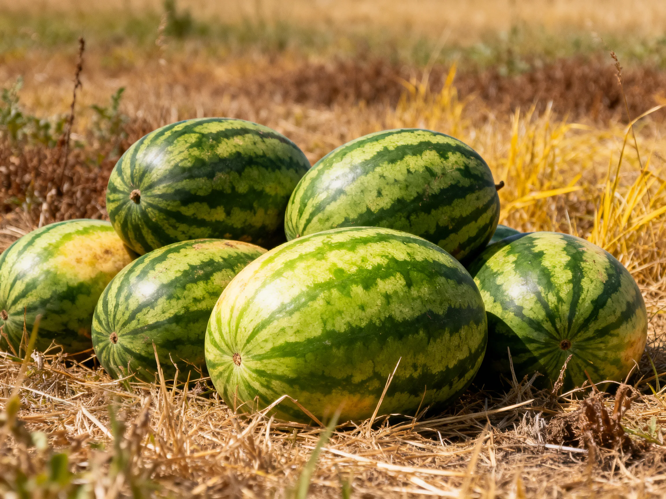 Six vibrant striped watermelons rest on dry straw in an open field
