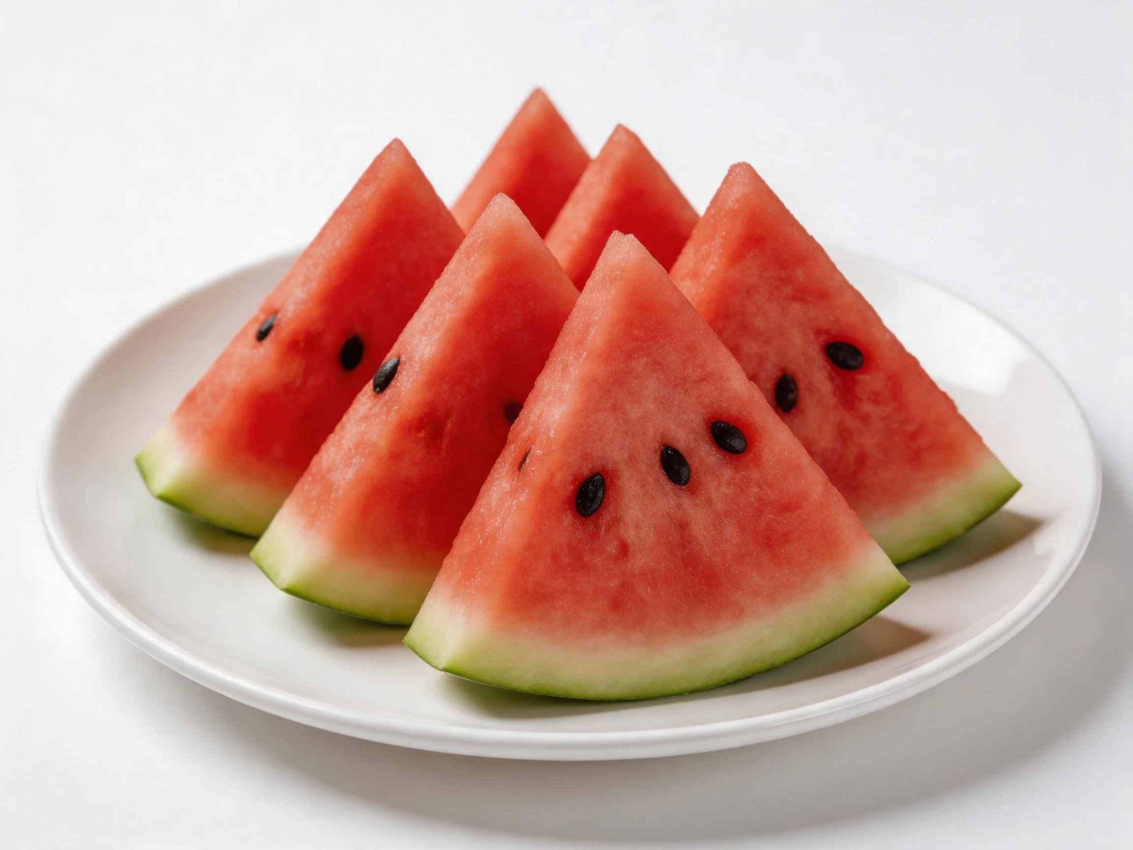 Six vibrant watermelon slices arranged on a plain white plate