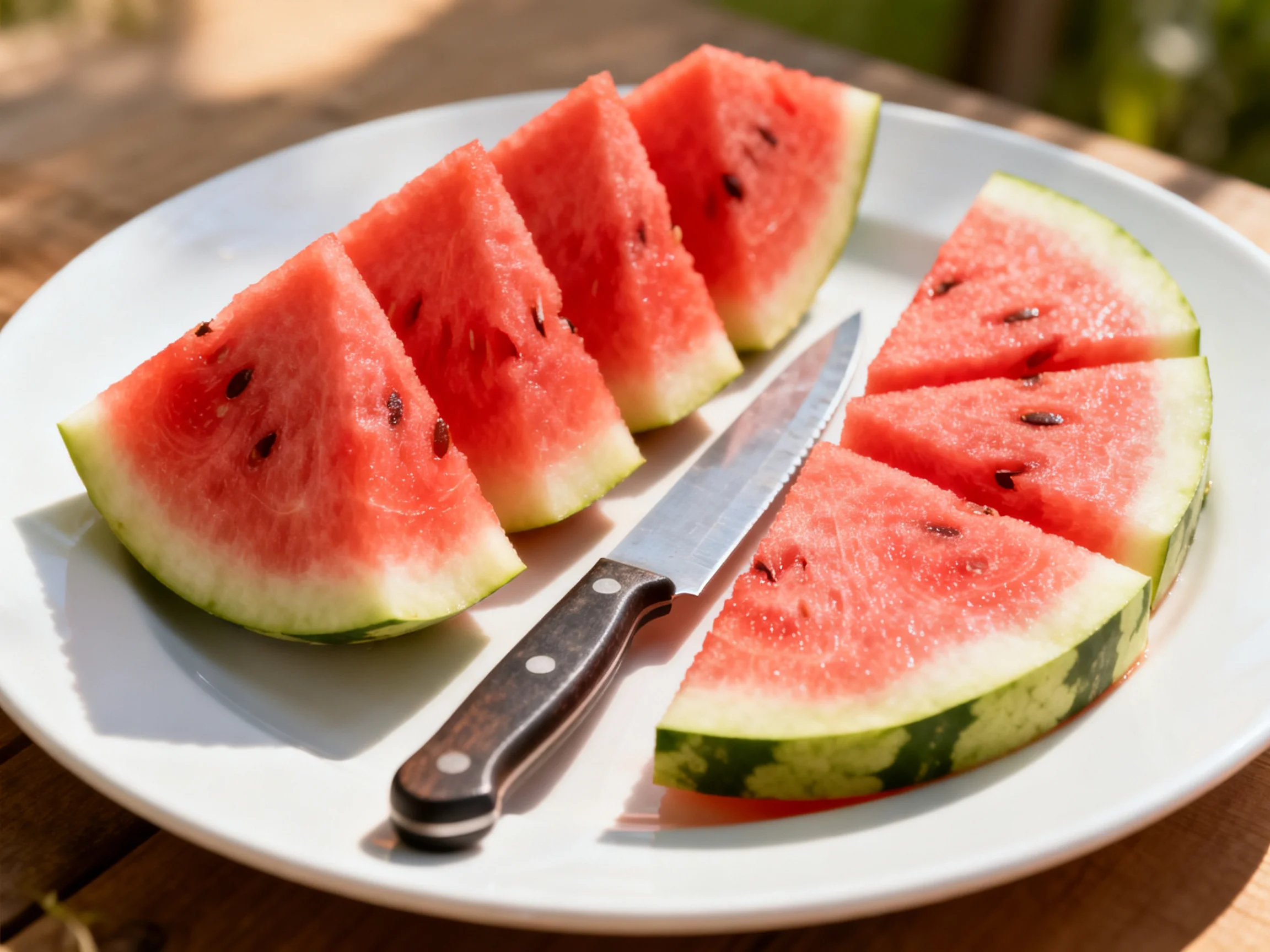 Six vibrant watermelon slices arranged on a white plate with a knife