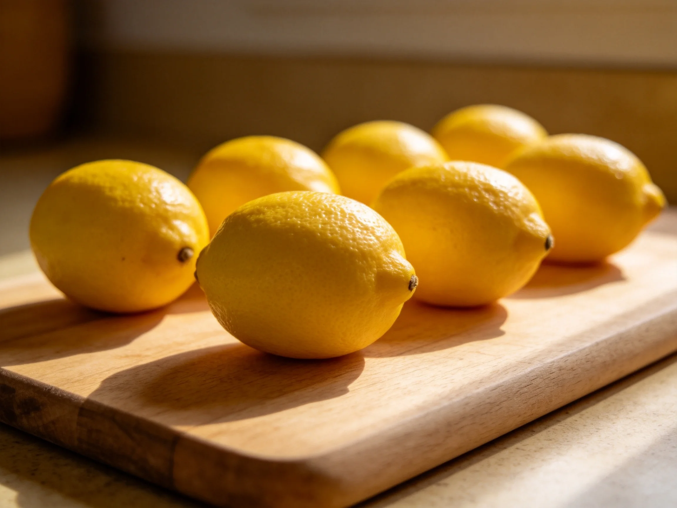 Six vibrant yellow lemons arranged on a wooden cuttingboard