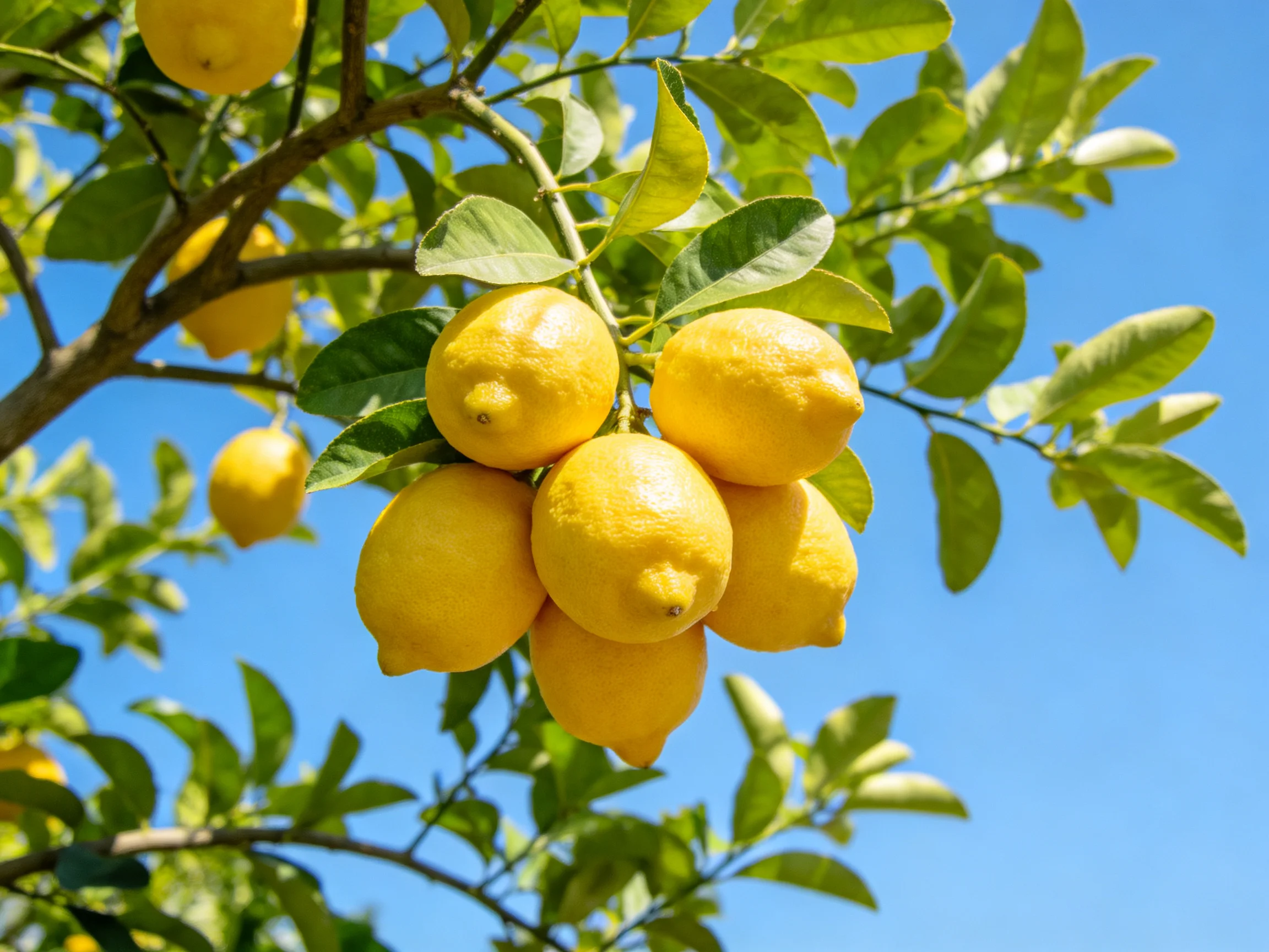 Six vibrant yellow lemons cluster on a leafy lemon tree against a clear blue sky