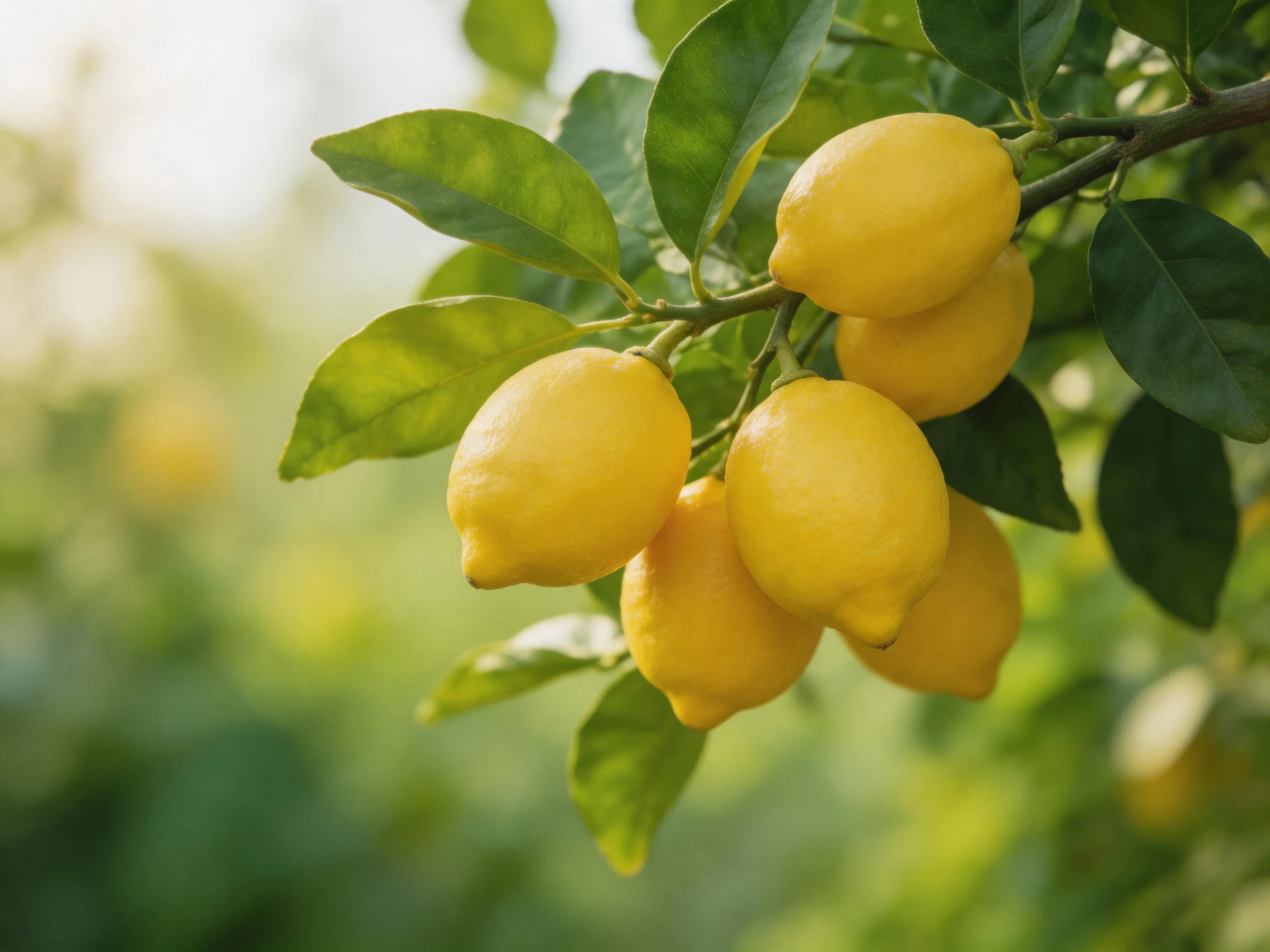 Six vibrant yellow lemons cluster on a lemon tree branch