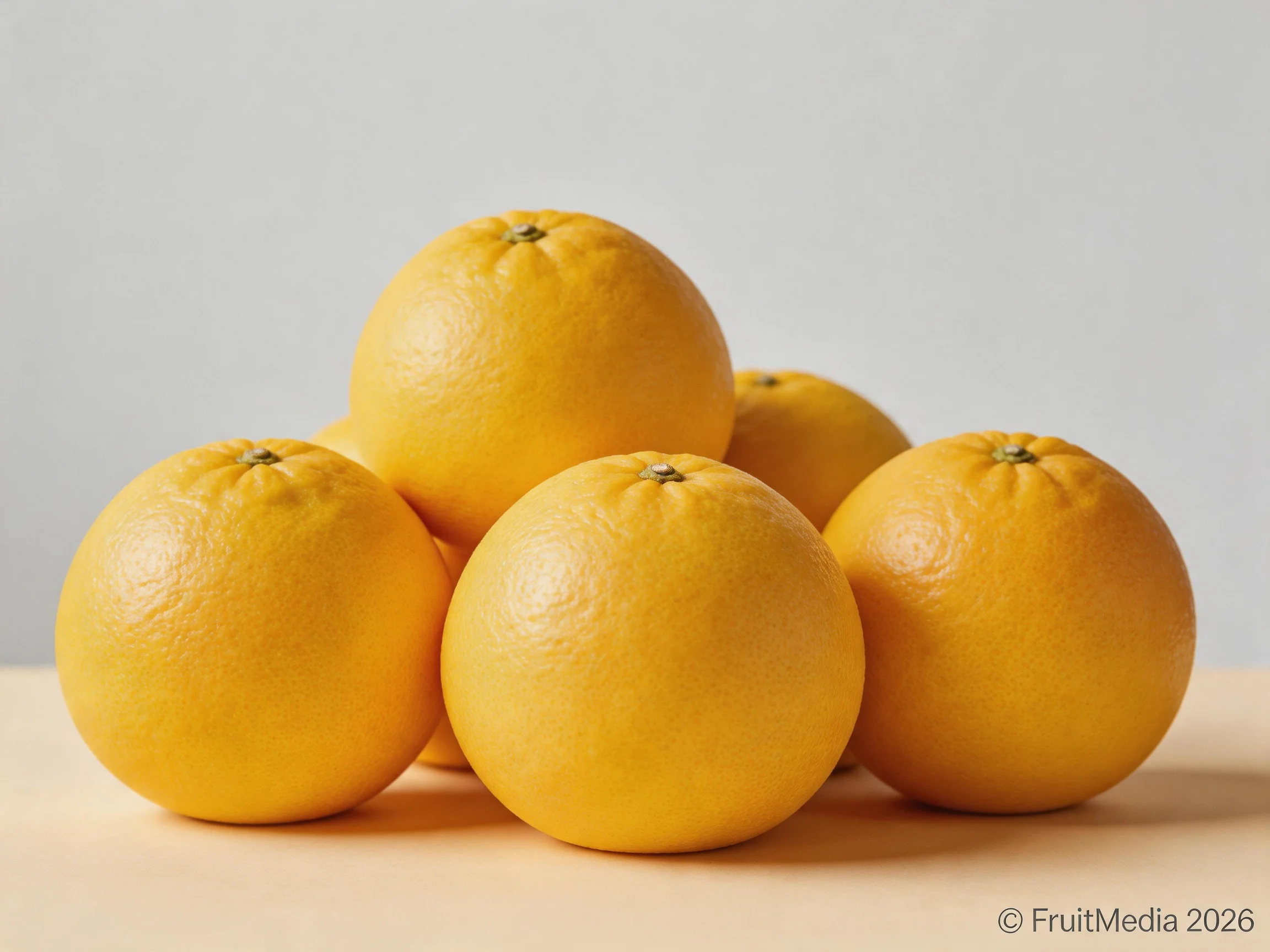 Six vibrant yellow oranges clustered on a neutral surface