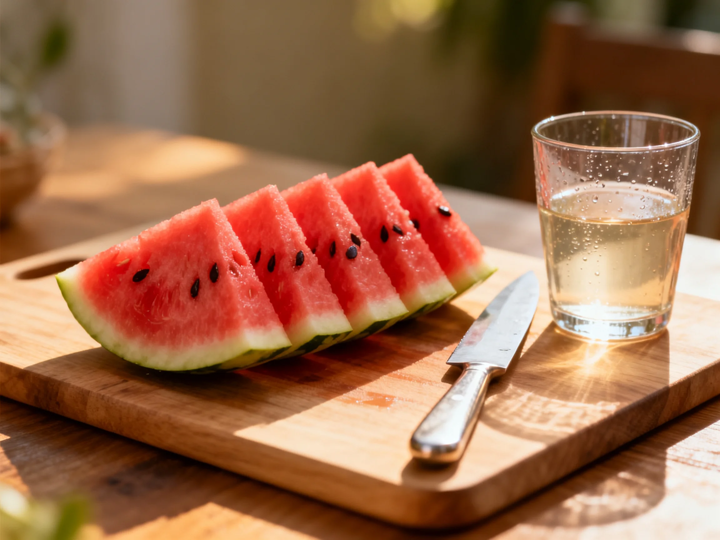 Six watermelon wedges on a wooden cutting board with a knife and glass