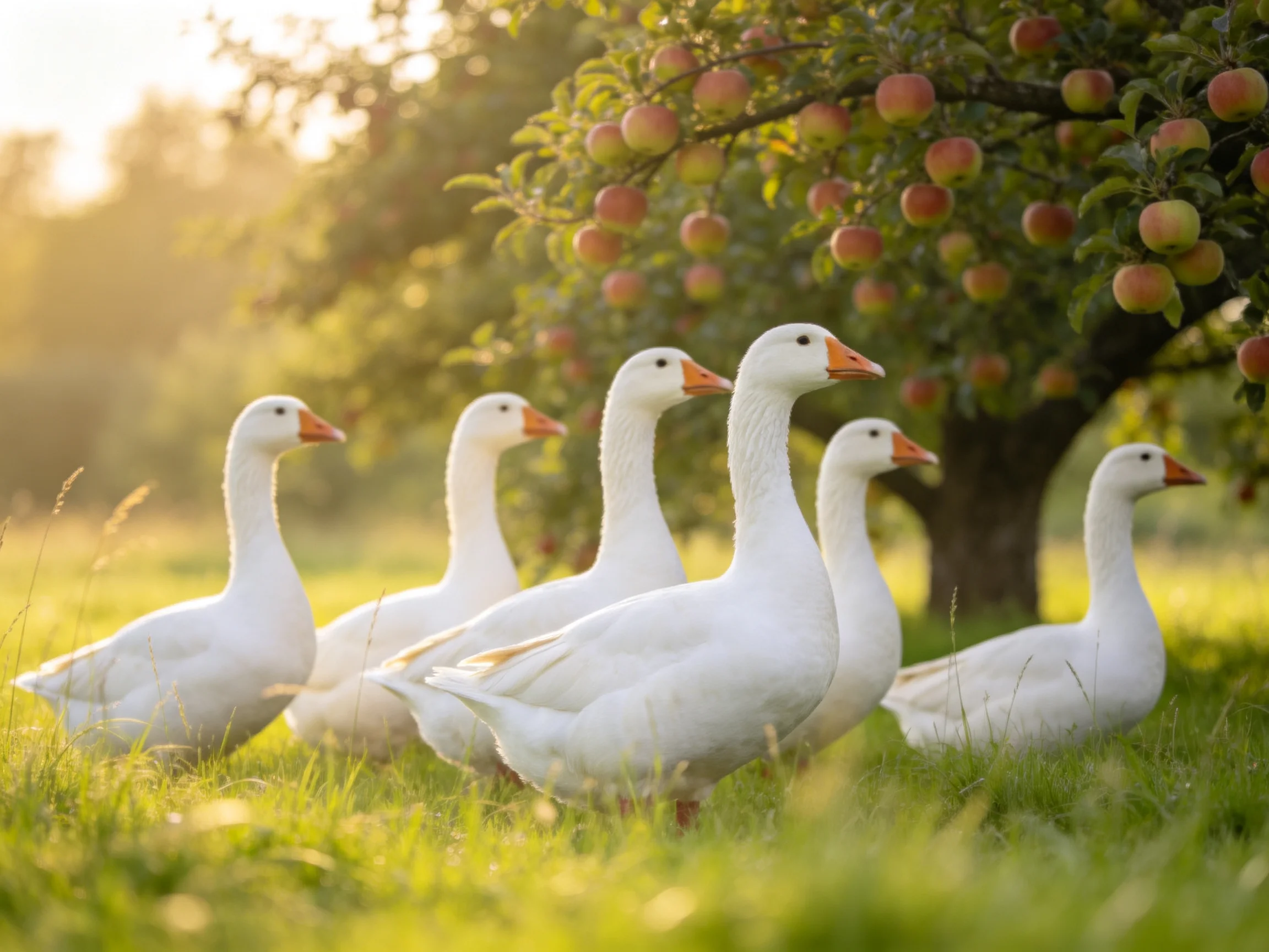 Six white geese near a fruit-laden apple tree in a sunlit meadow
