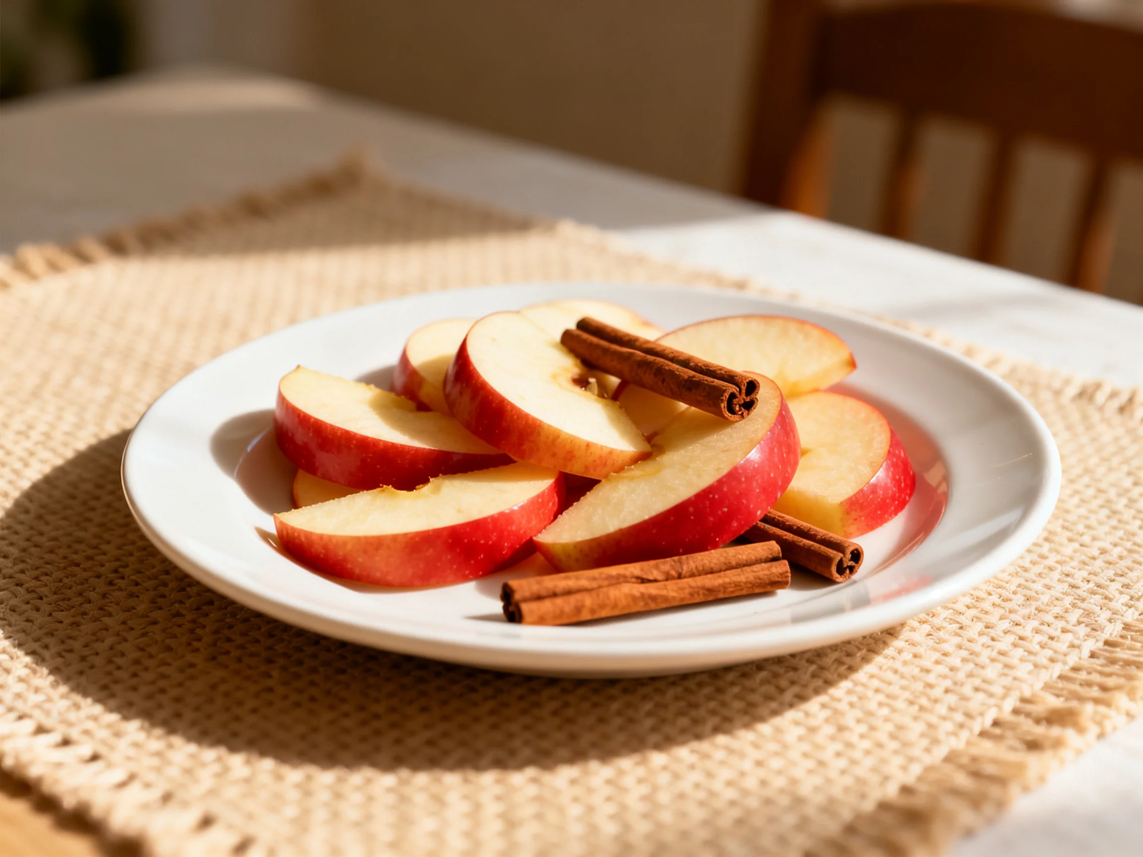 Sliced apples and cinnamon sticks on a white plate
