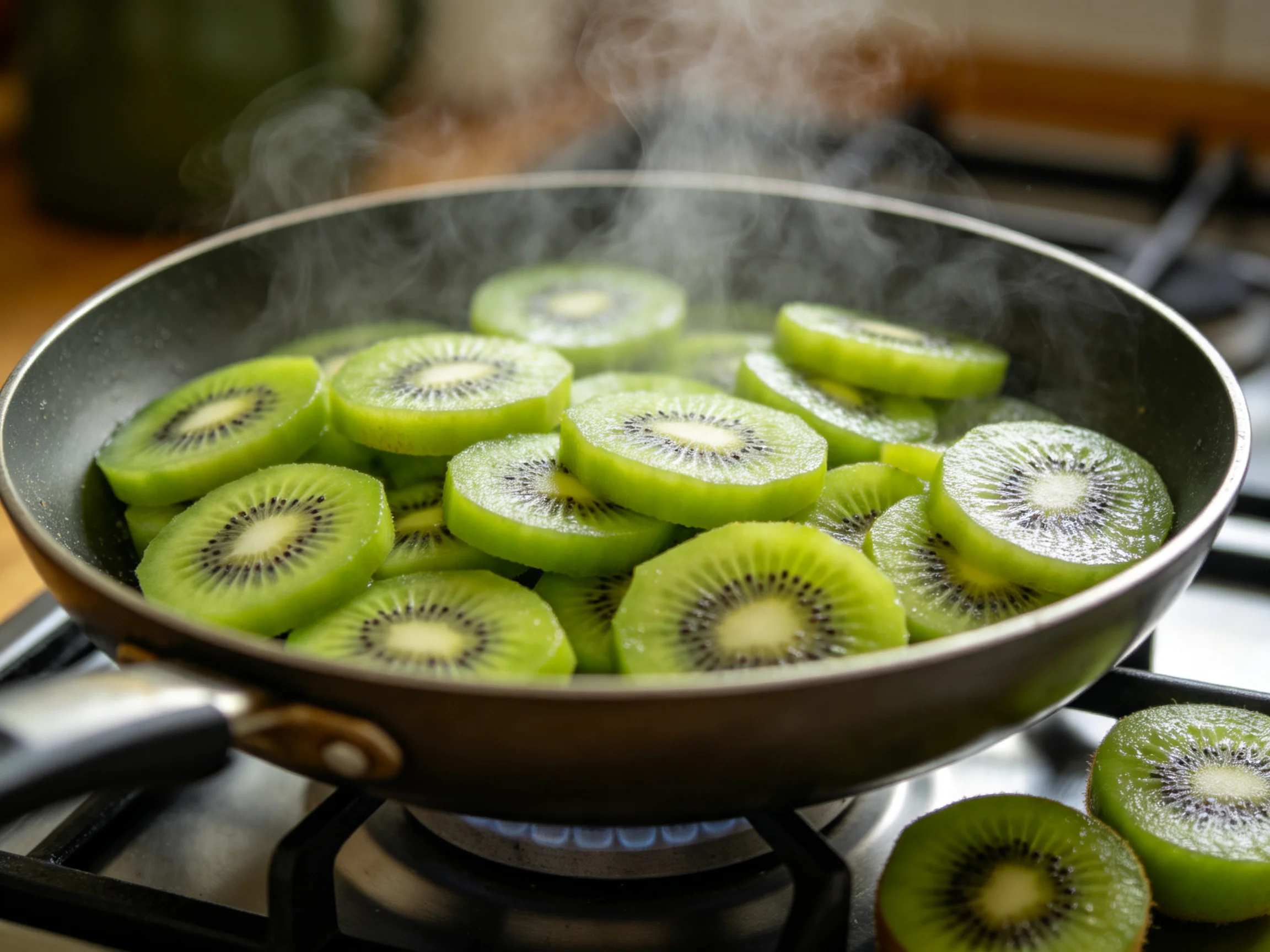 Sliced green kiwi slices cooking in a steaming frying pan