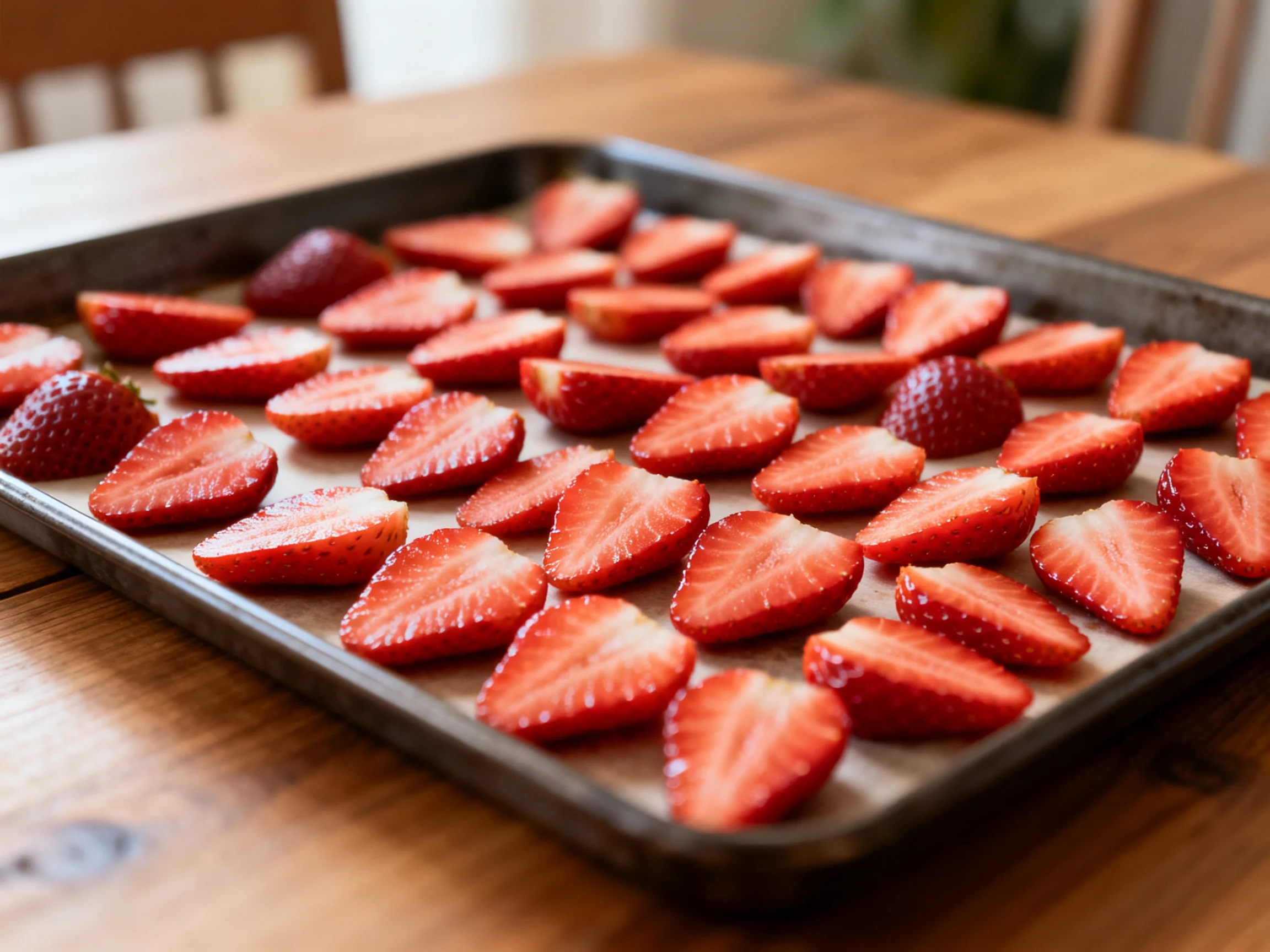 Sliced strawberries arranged on a baking tray
