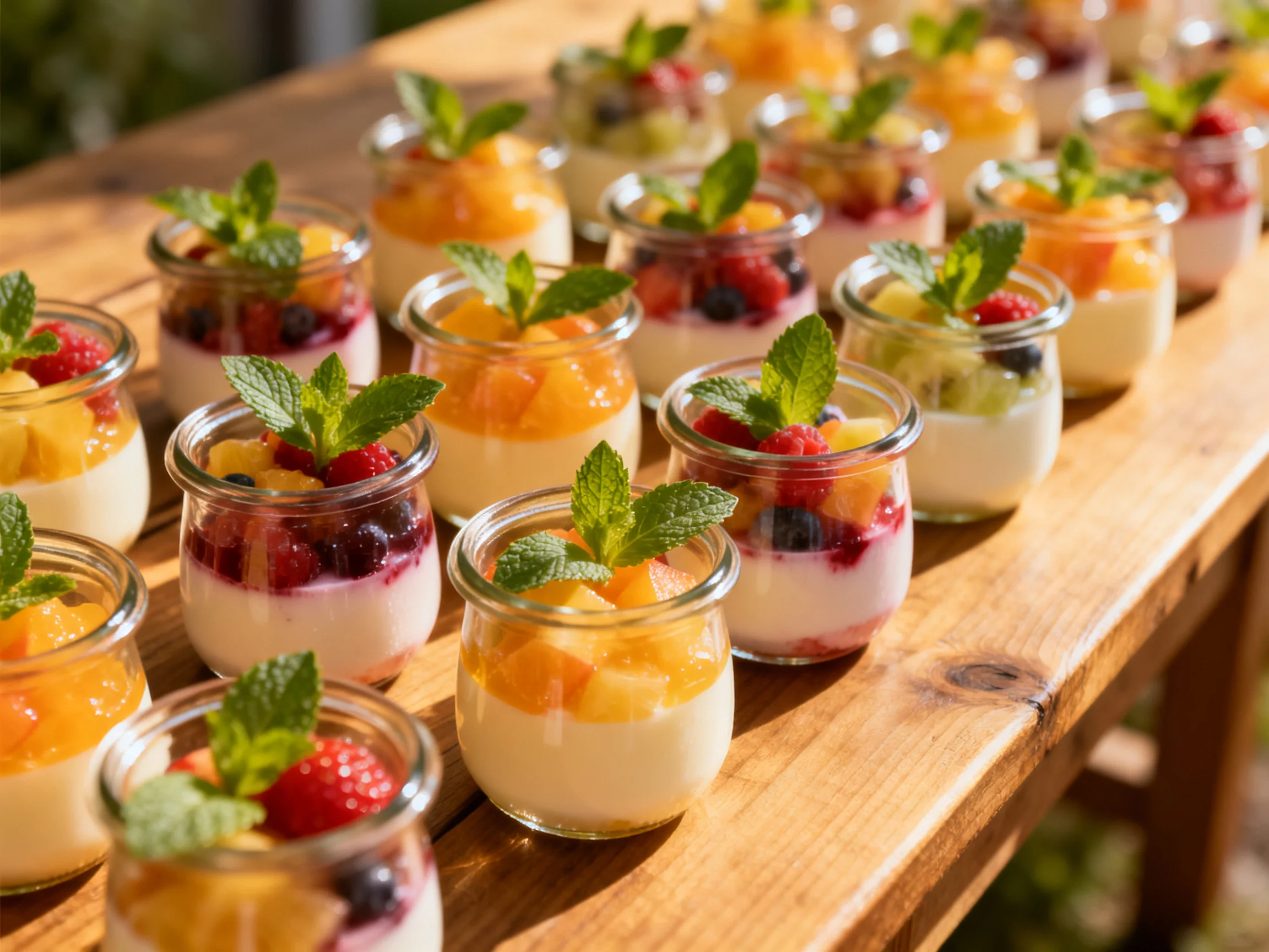 Small glass jars filled with layered desserts and assorted fruit toppings