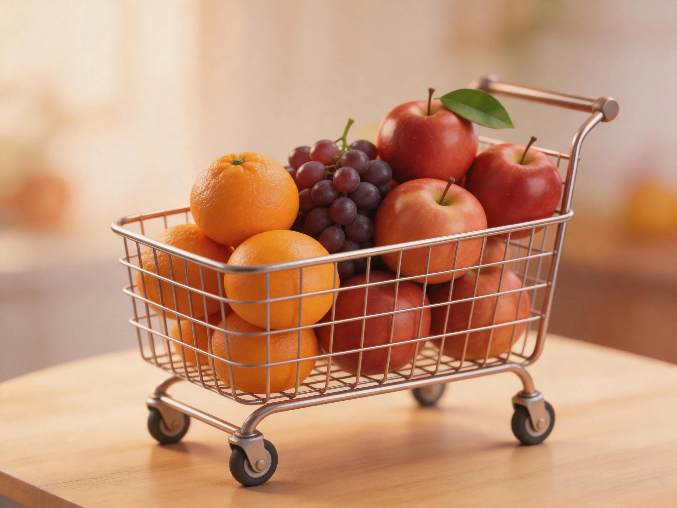 Small metal shopping cart filled with colorful fruits like oranges, grapes, and apples
