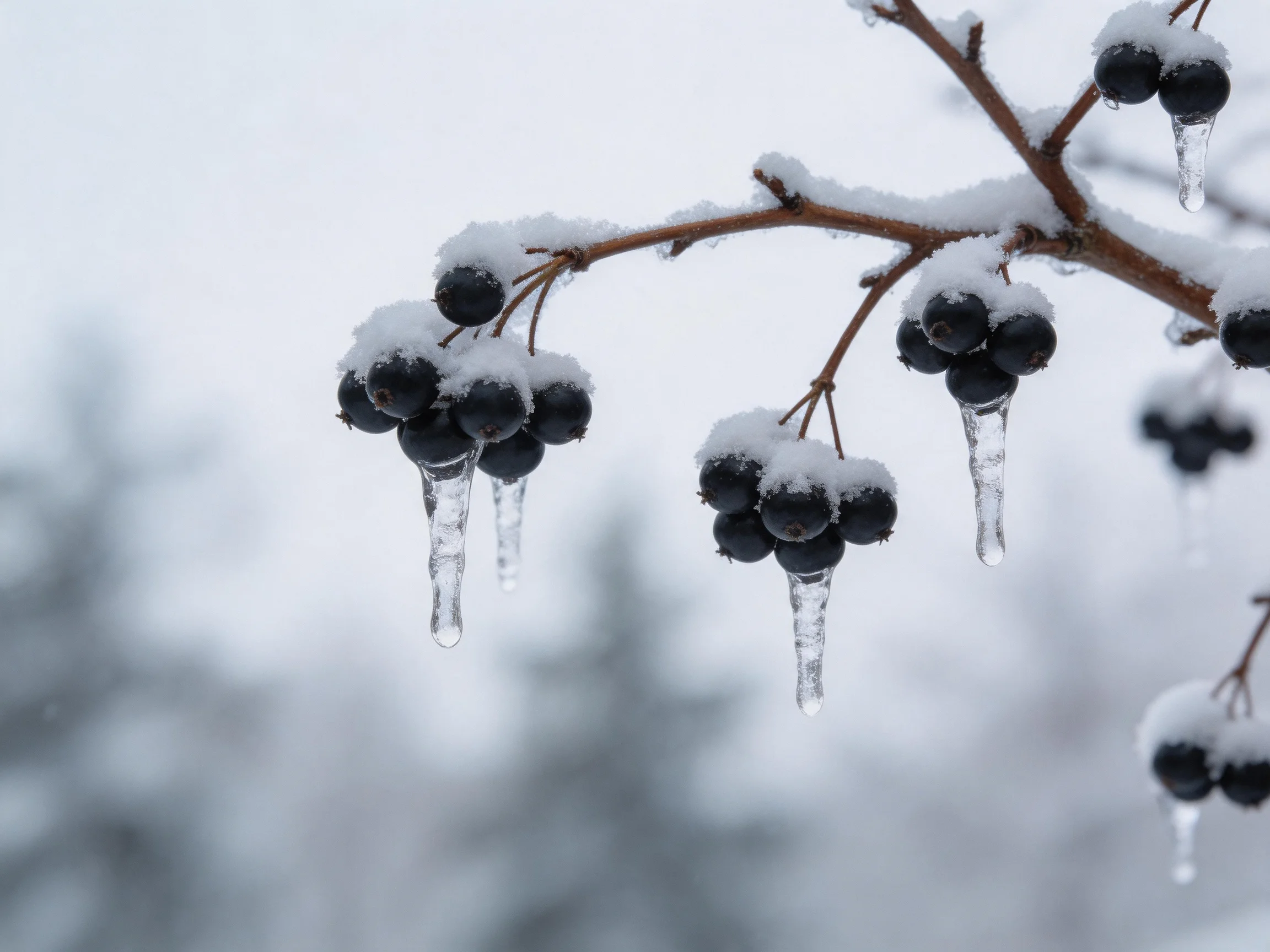 Snow-Covered Berry Clusters with Hanging Icicles on a Branch
