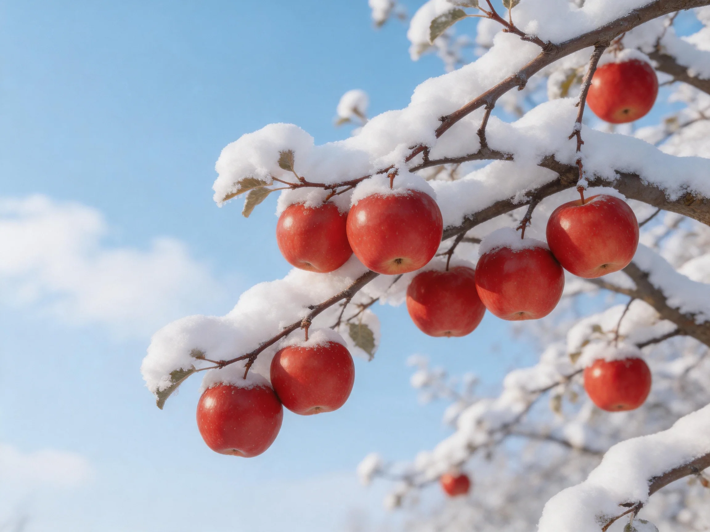 Snow-Covered Red Apples on Branches Against a Clear Blue Sky