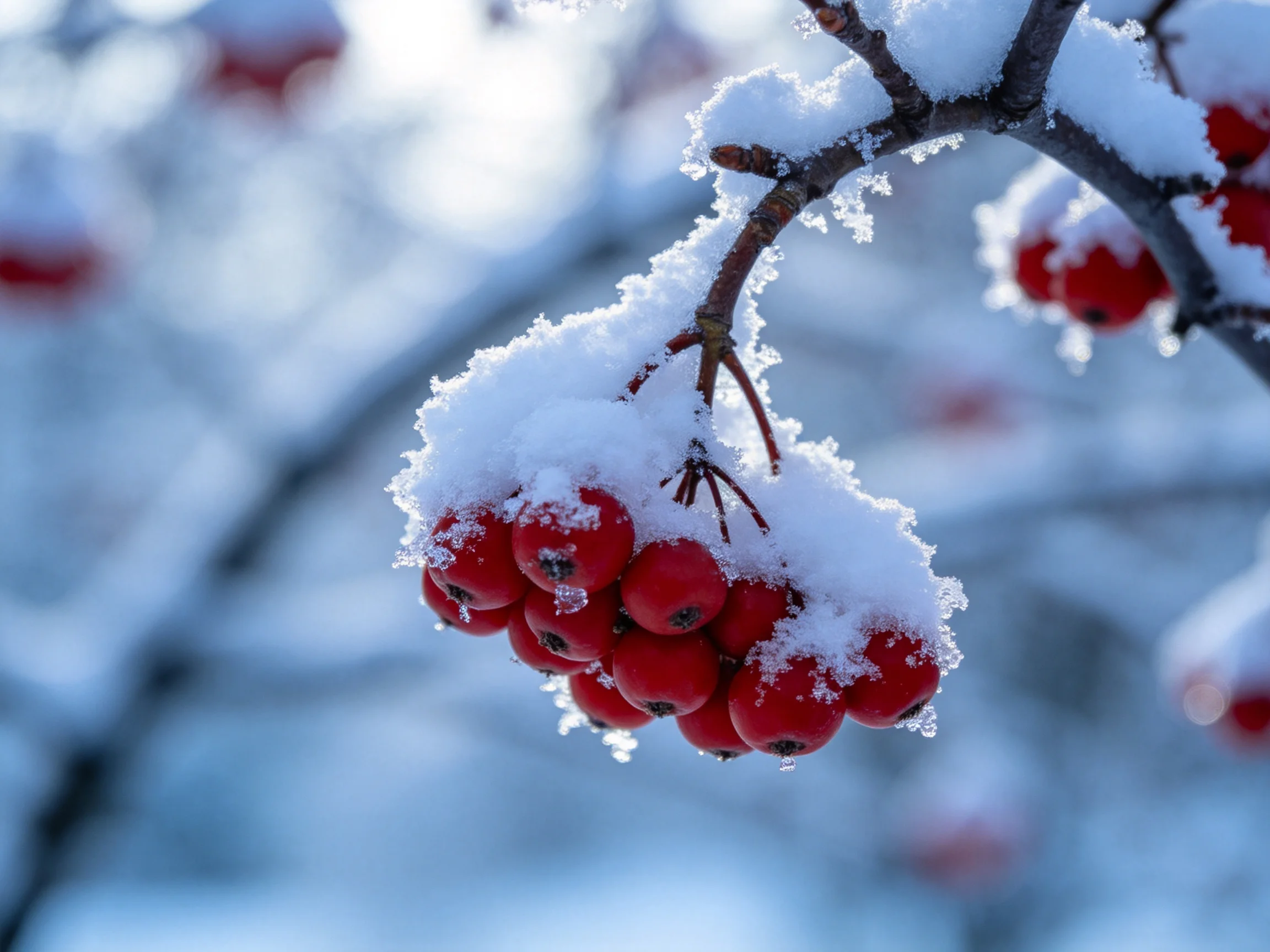 Snow-Covered Red Berries Cling to a Branch in Winter Light