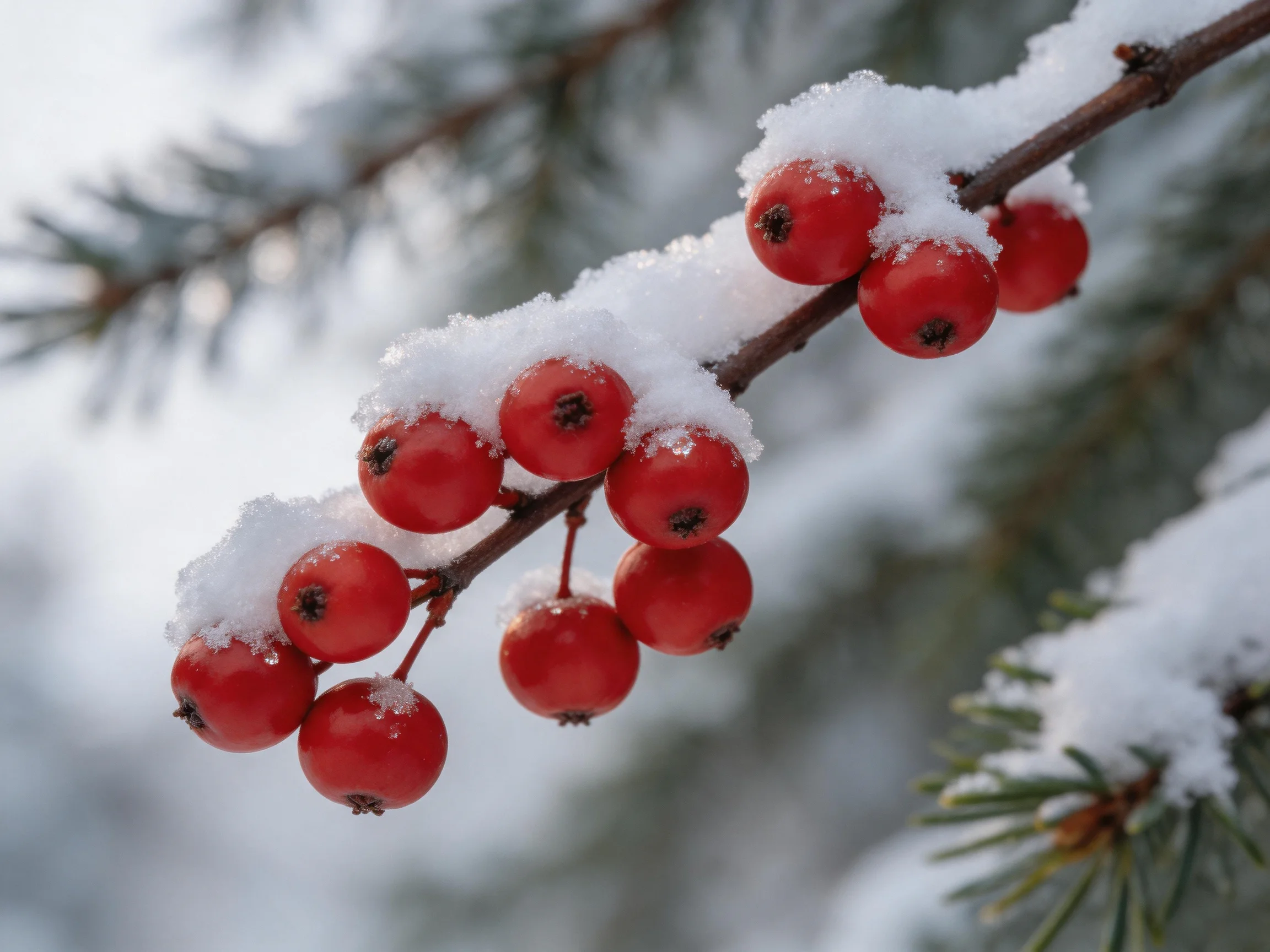 Snow-Dusted Red Berries on a Branch Near Snow-Covered Pine Needles